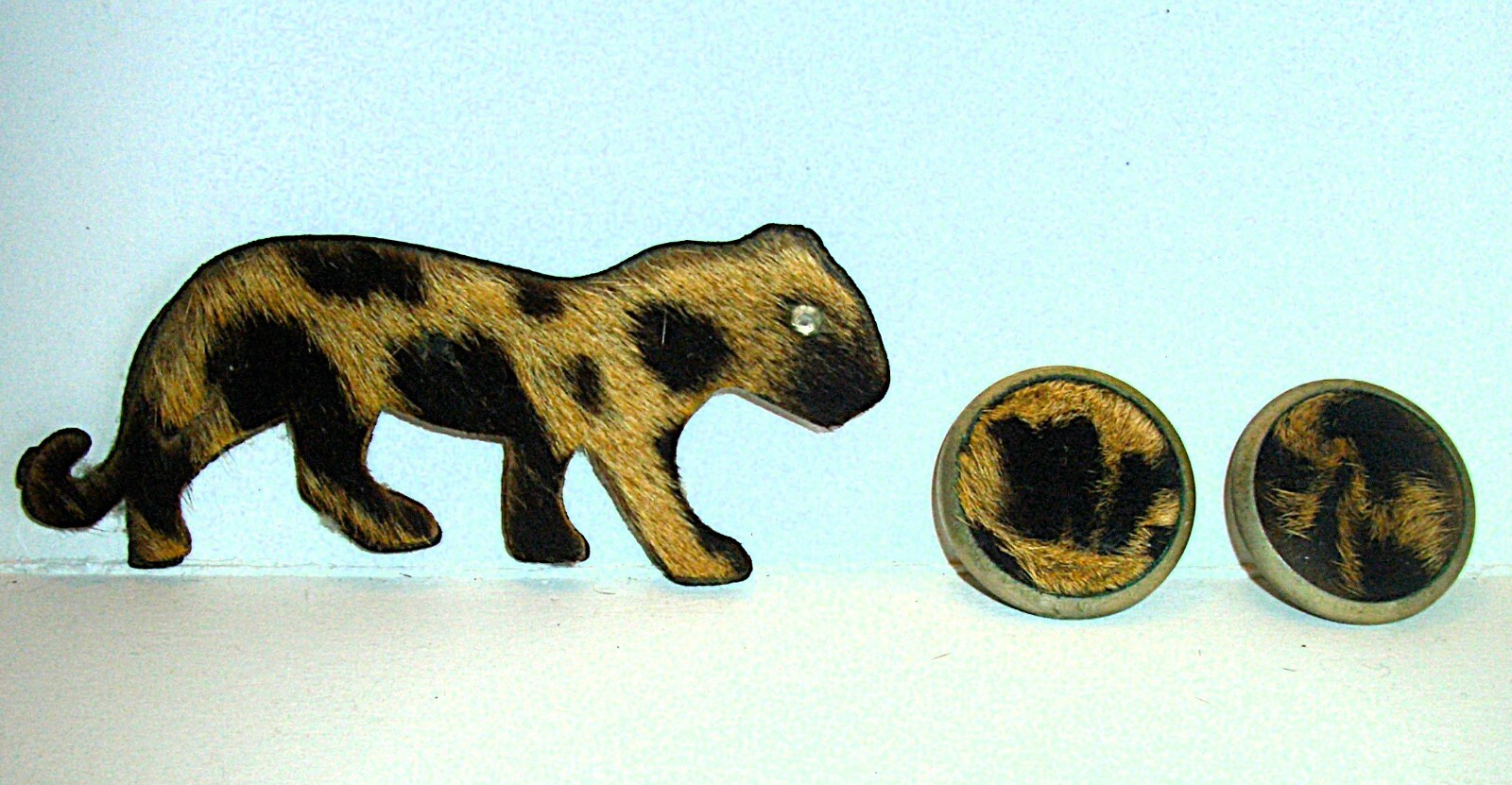 Antique 1919 Coro Script Gold Faux Fur Leopard Rhinestone Pin/Clip On Earrings