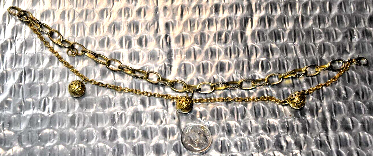 Antique Gold Colored Metal Bracelet w/Oval Links & Thin Loose Chain w/ 3 Balls