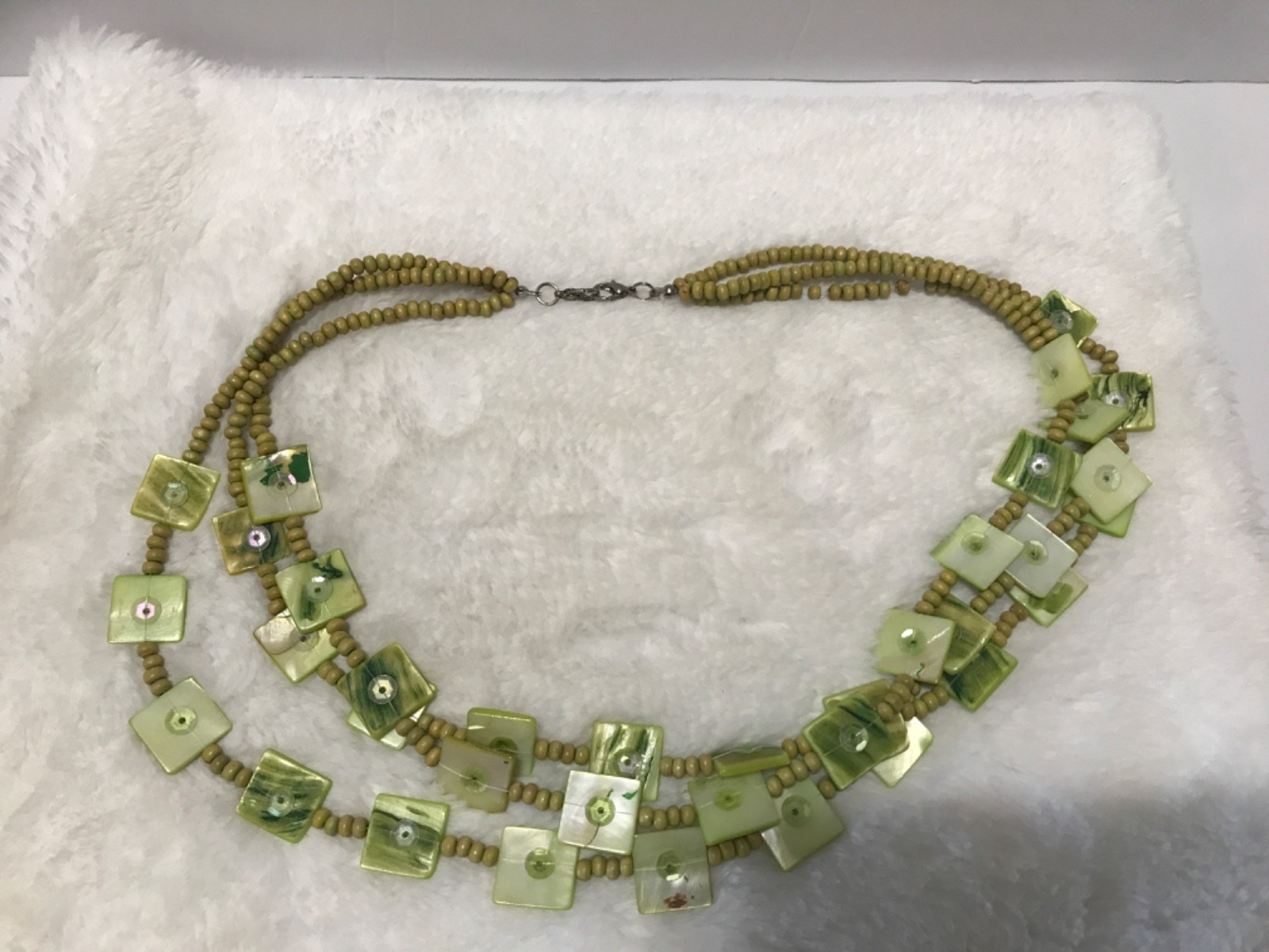 Green Sea Shell Wood Bead Necklace Artisan Handmade Boho Multi Strand