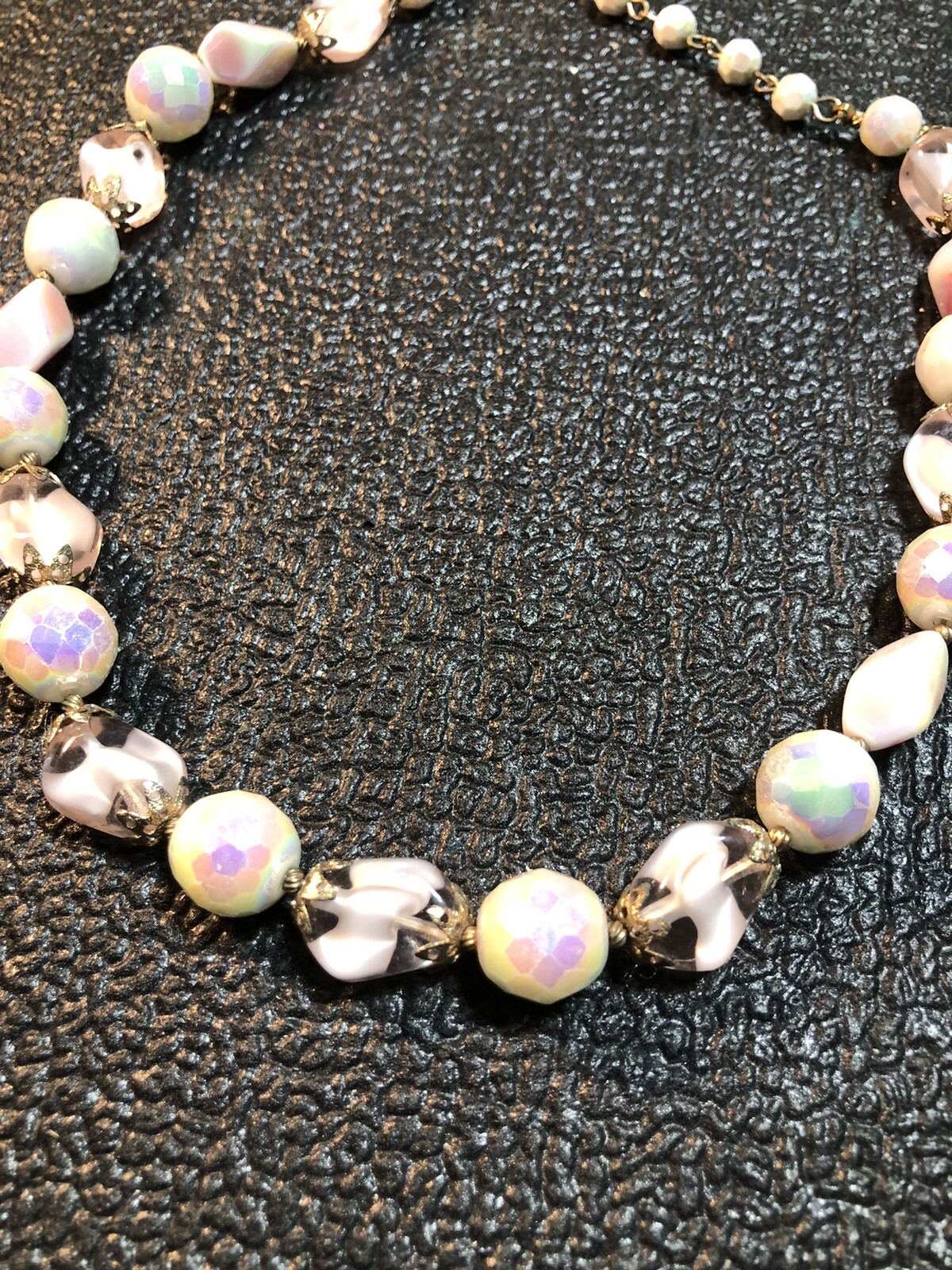 VTG Costume Jewelry Signed TRIFARI Charm,MOP Pinks,Purples,Greens Necklace 17.5”