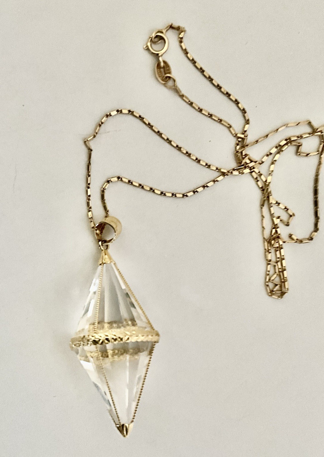 Vintage 14K Rock Crystal Pendulum Pendant Necklace BODHI Plumb Bob 14k chain