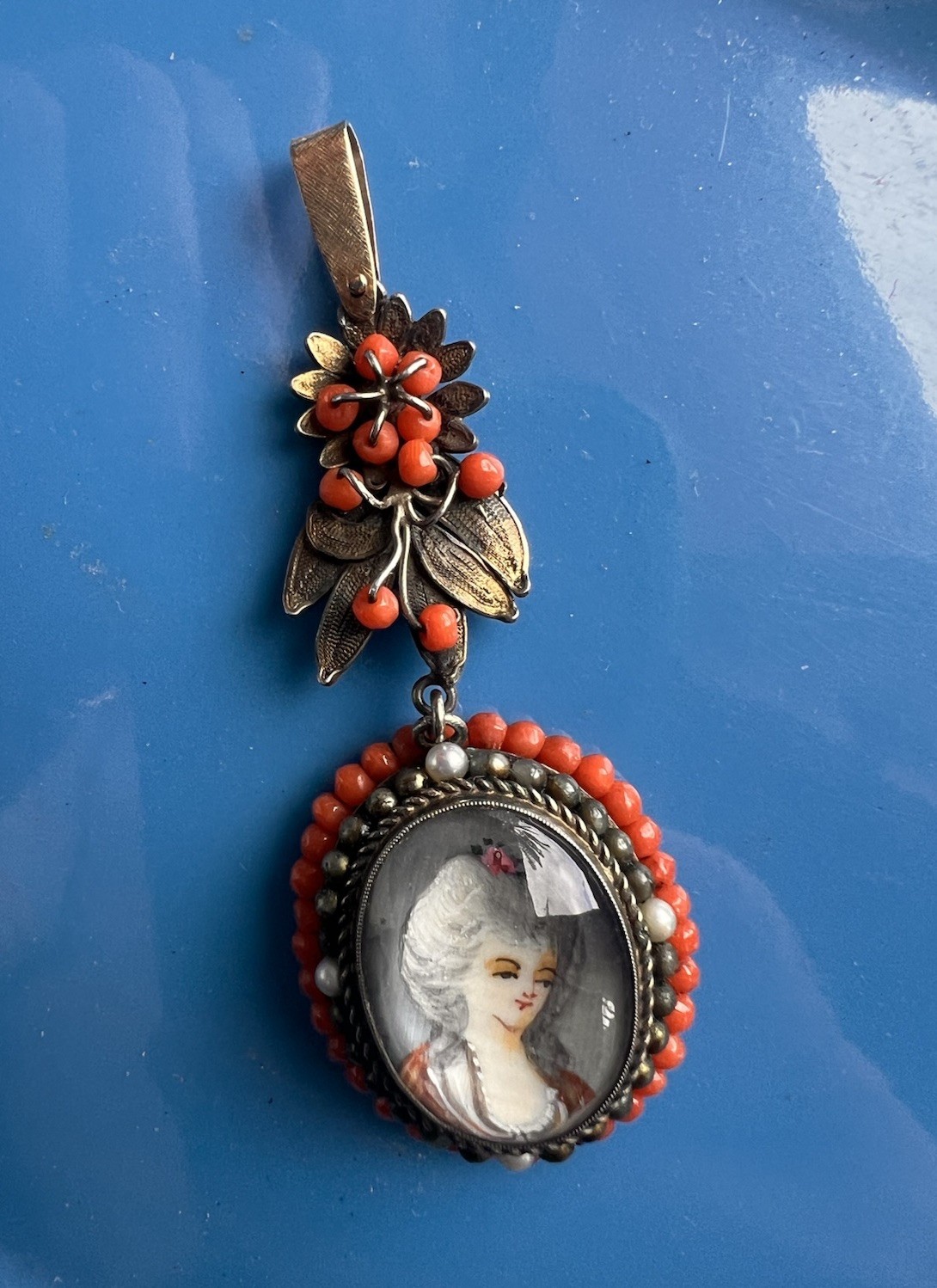 Antique Yellow Gold + Silver Coral Seed Pearls Hand Painted Portrait Pendant