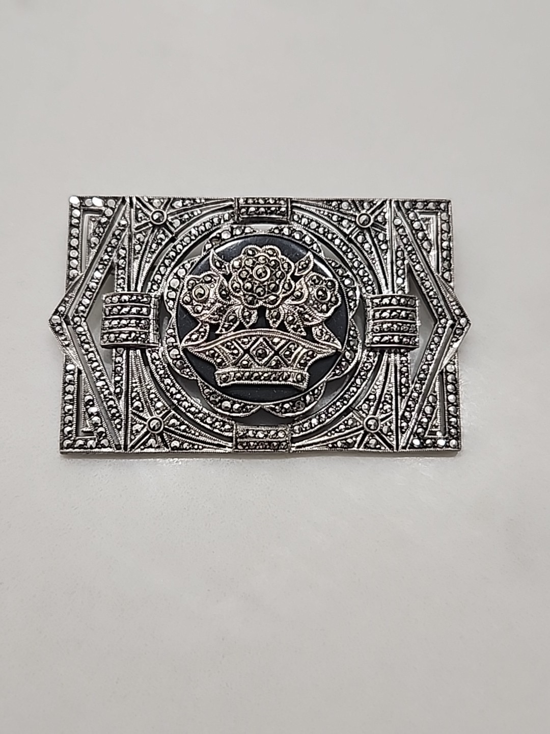 Sterling Silver Black Onyx & Marcasite Art-Deco Pin Brooch 21.4g 2 1/8 X 1 1/4″