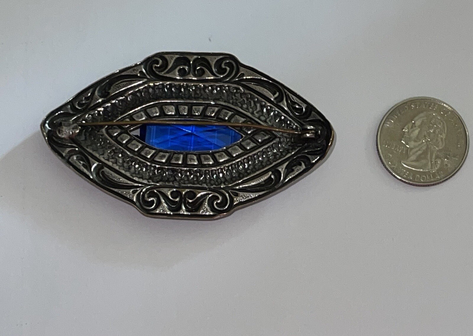 Art Nouveau Deco Lozenge Shape Blue Czech Glass Silvertone Filigree Brooch