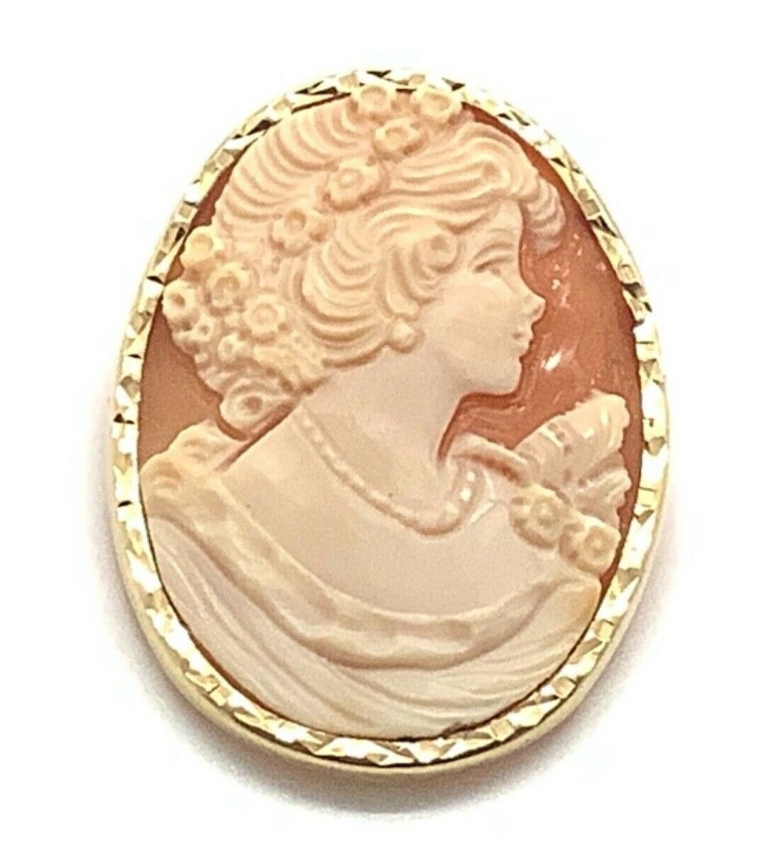 14KT Yellow Gold Hand-Carved Right Facing Shell Cameo Pendant/Brooch, Signed Gm