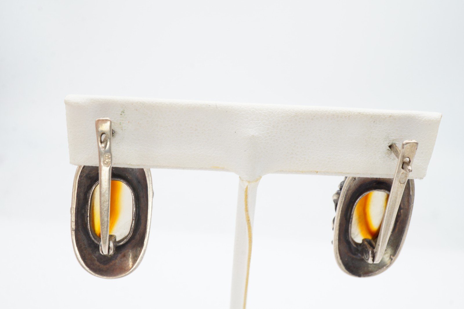 Vintage Sterling Silver 925 Agate Earrings Modernist Brutalist