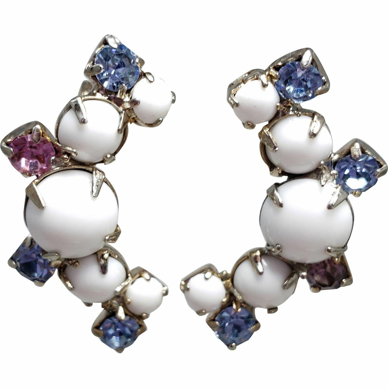 Crescent Blue and Purple Crystals, Resin Cabochon Prong Set Earrings, Light Gold