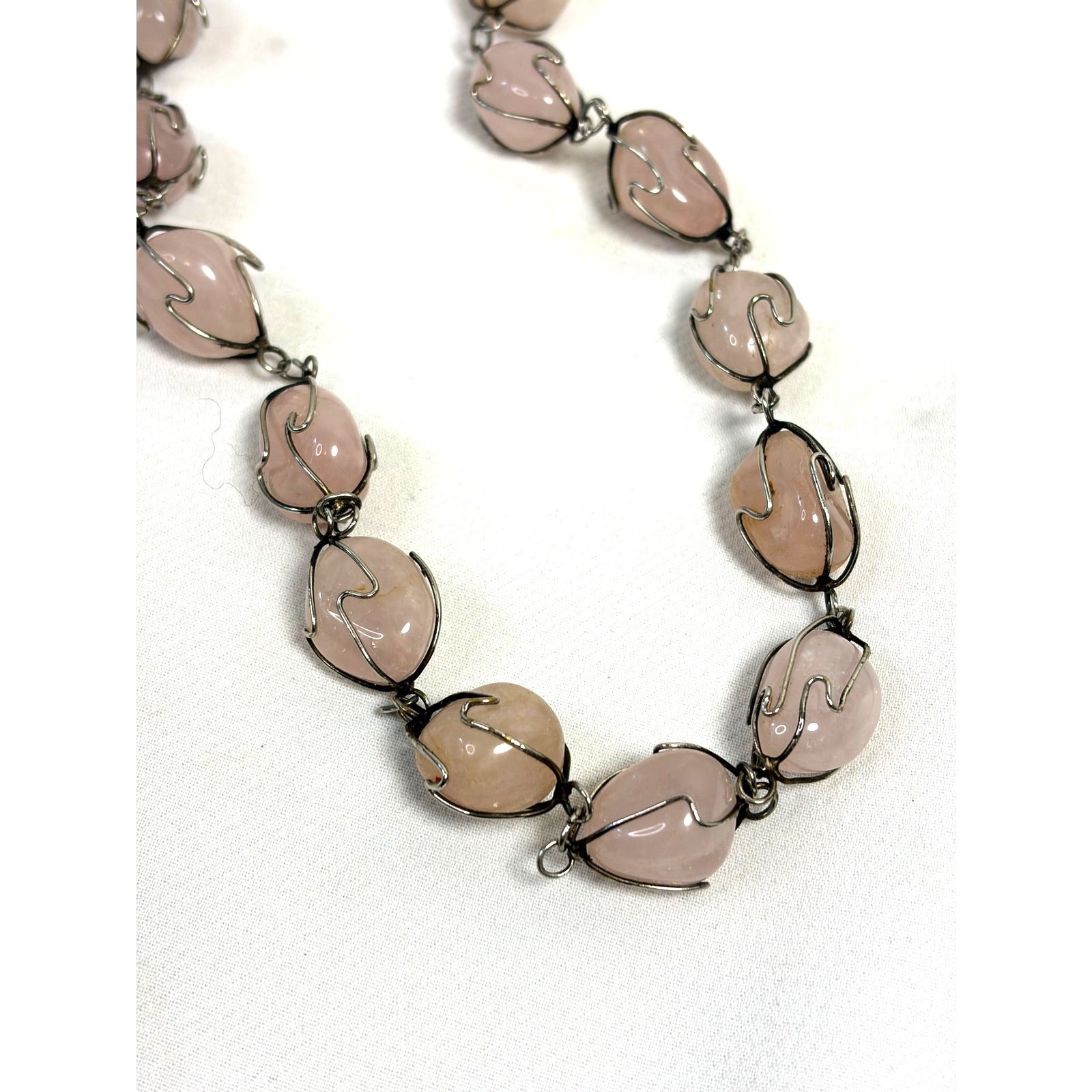 Vintage Pink Rose Quartz Caged Stone Bead Necklace Jewelry Wired 36in