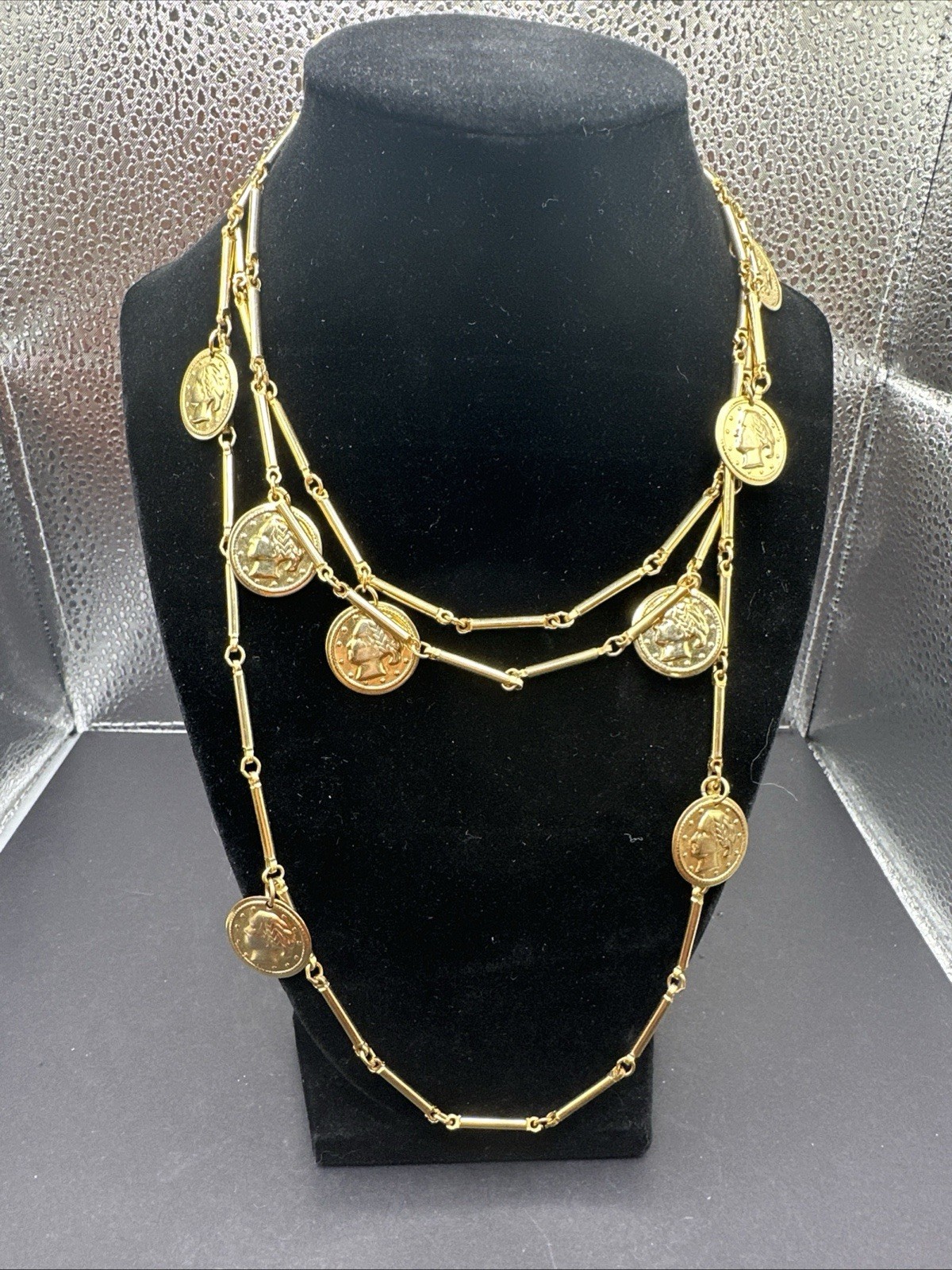 Vintage Necklace Chain Station Coin Charm Dangle Bar Link Goldtone 54”
