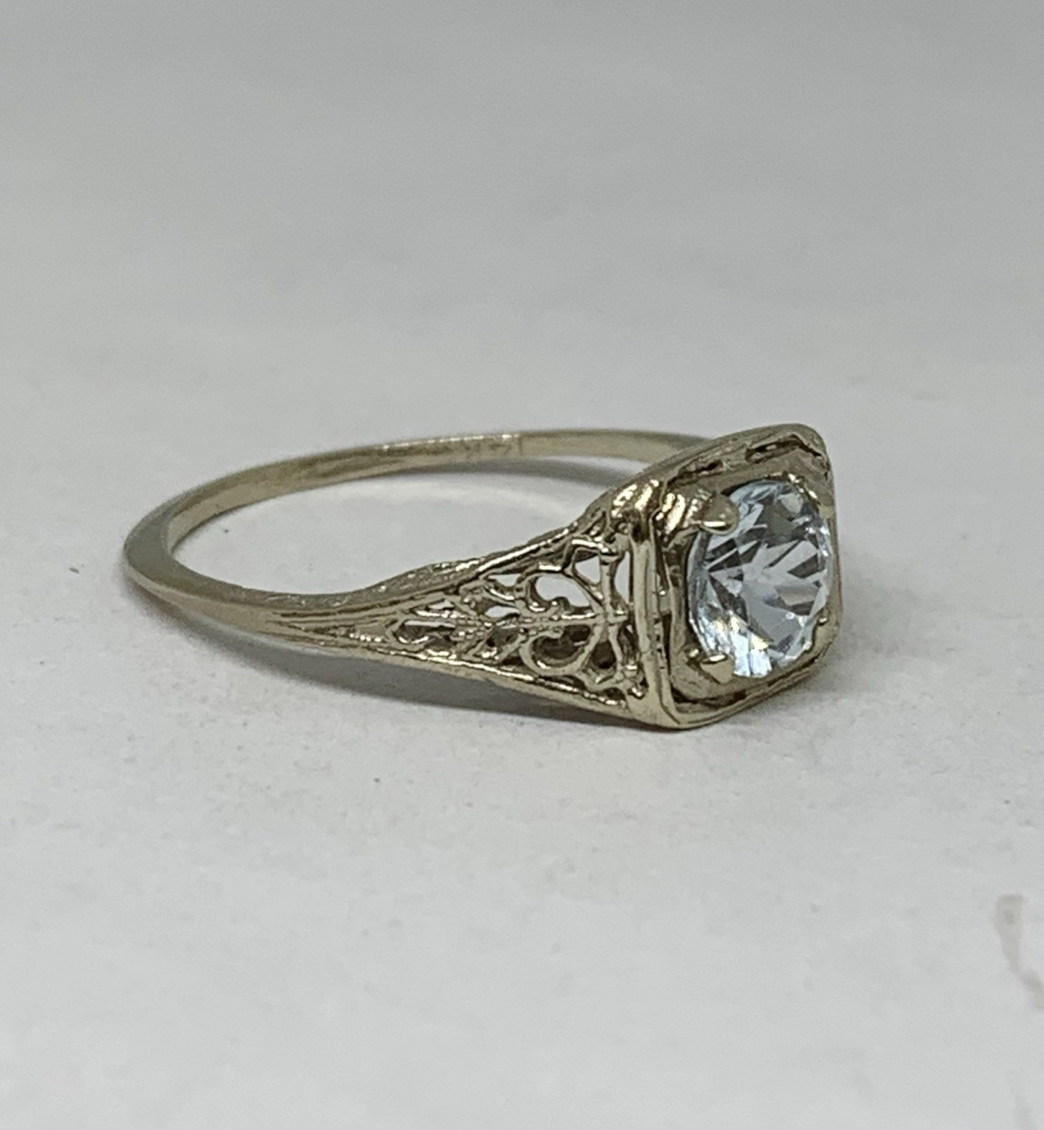 Art Deco Vintage 14k White Gold .5ctw Light Blue Aquamarine Filigree Ring Sz6.5
