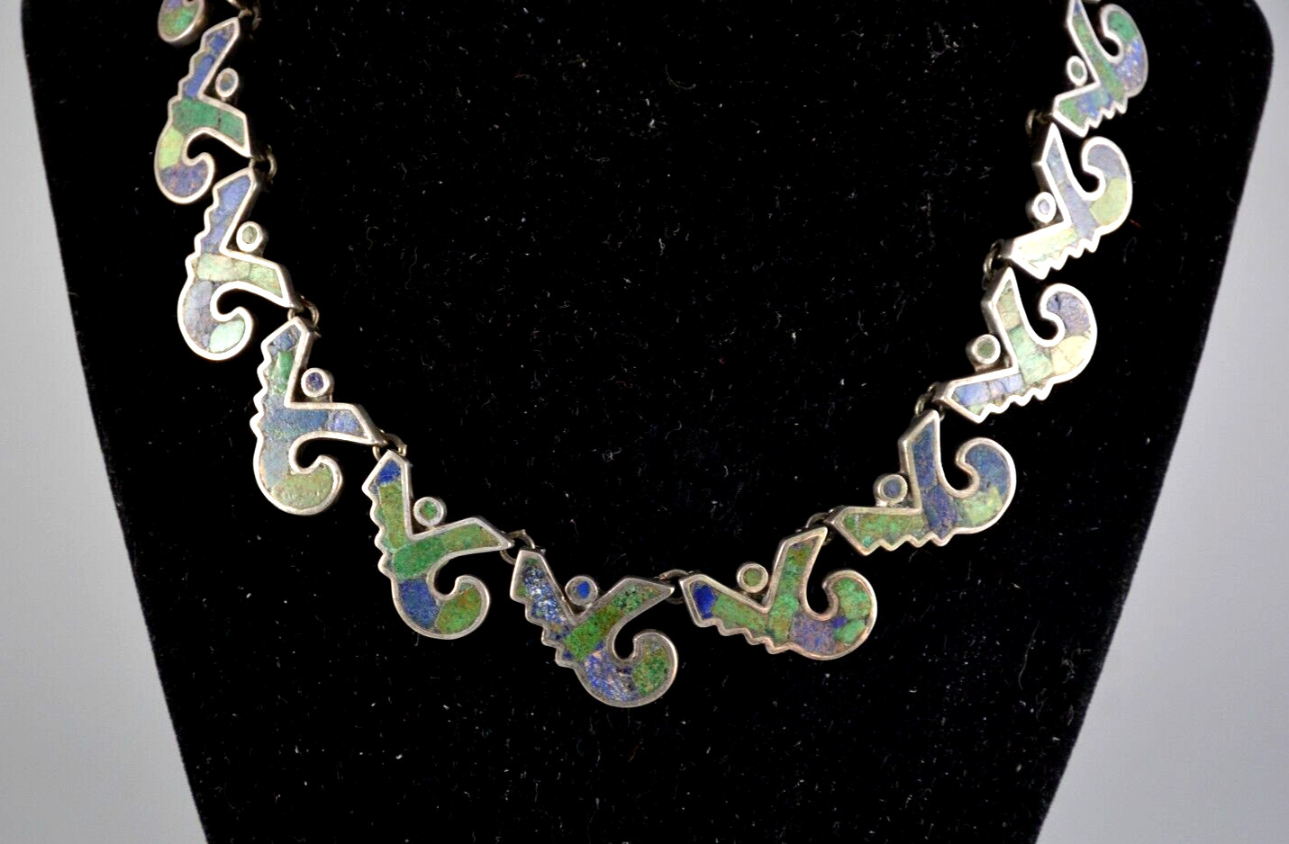 Los Castillo Mosaico Azteca 161 – Taxco Silver Mosaic Inlay Necklace – 16″