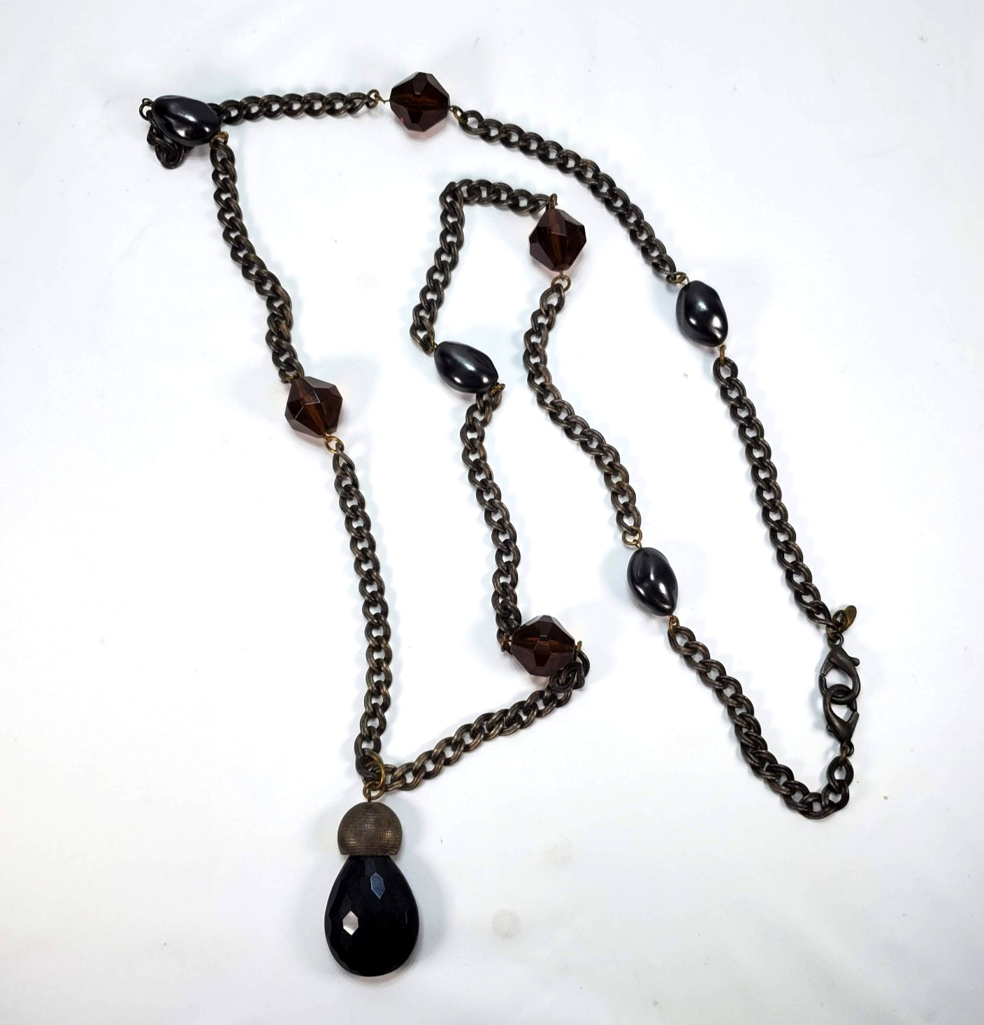Kate Hines Necklace Metal Chain Beaded Greek Roman Brutalist 24″ Stone Vintage