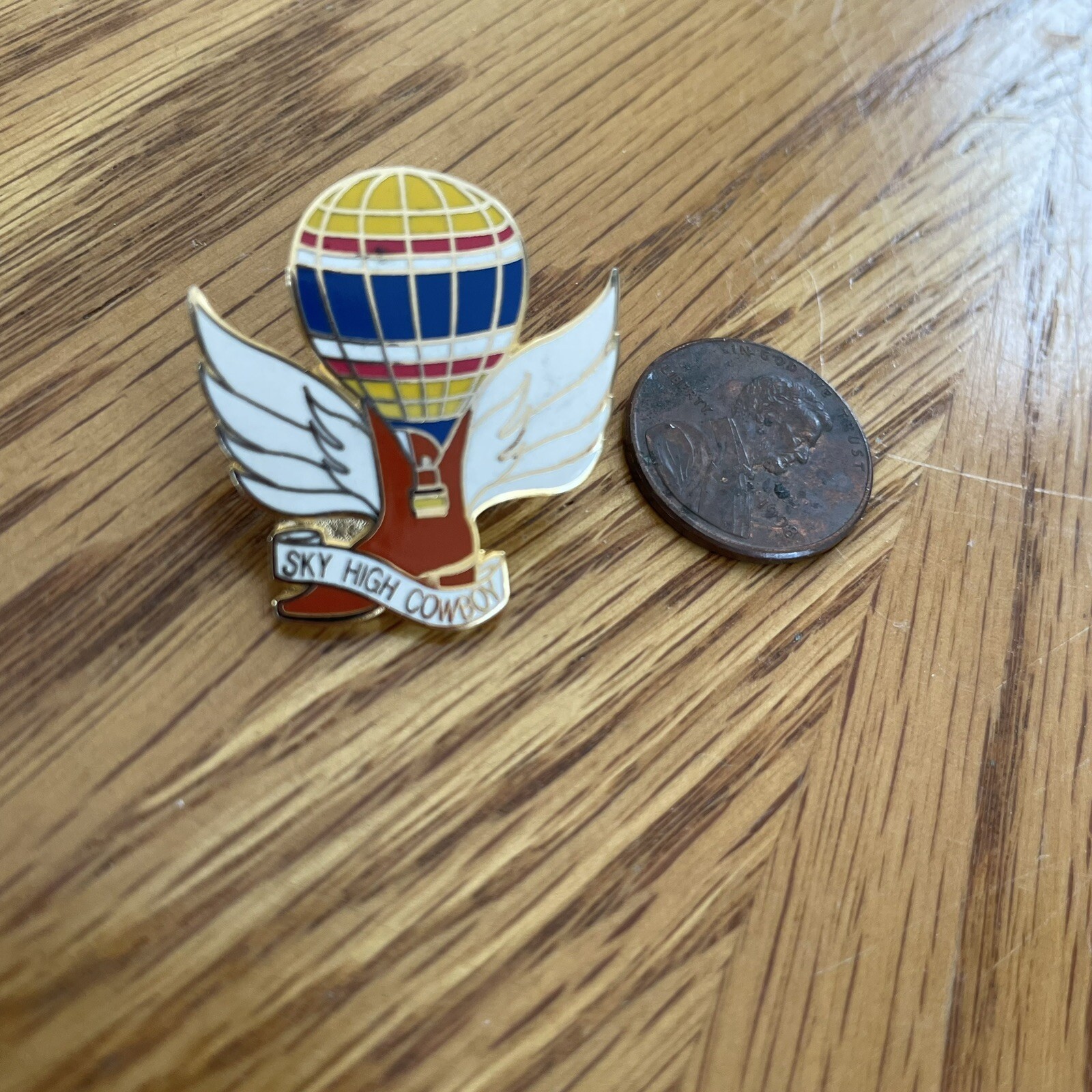 Vtg Hot Air Balloon Cloisonne Pin Brooch SKY HIGH COWBOY Enamel Collect Souvenir