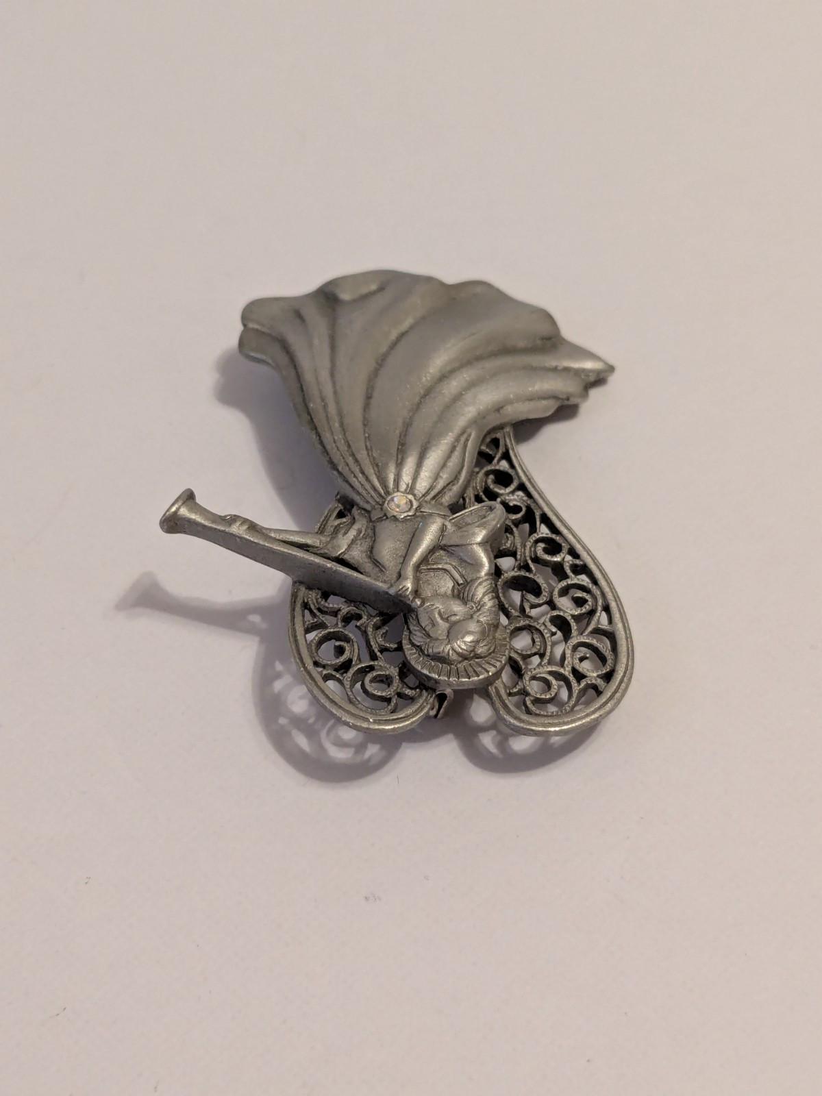 JJ Jonette Vintage Silver Tone Pewter Angel & Horn Brooch With Rhinestone 2.5″.