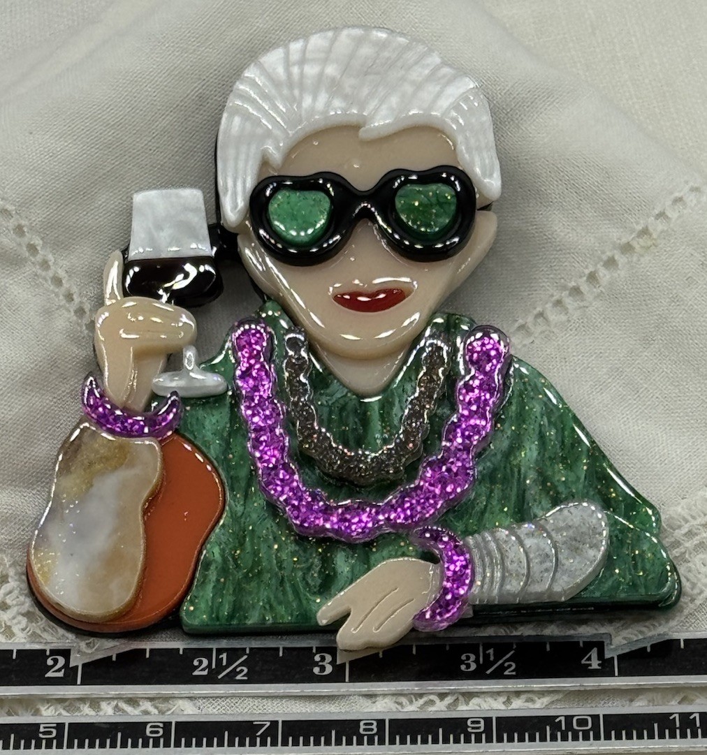 Older Woman W White Hair Blue Or Green Shirt Eye Glasses Jewelry & Wine Brooch
