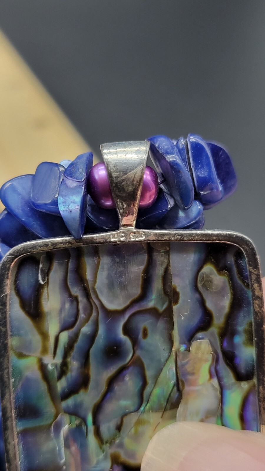 Double Strand Lapis Lazuli w/ Sterling Silver & Abalone Shell Pendant 16″