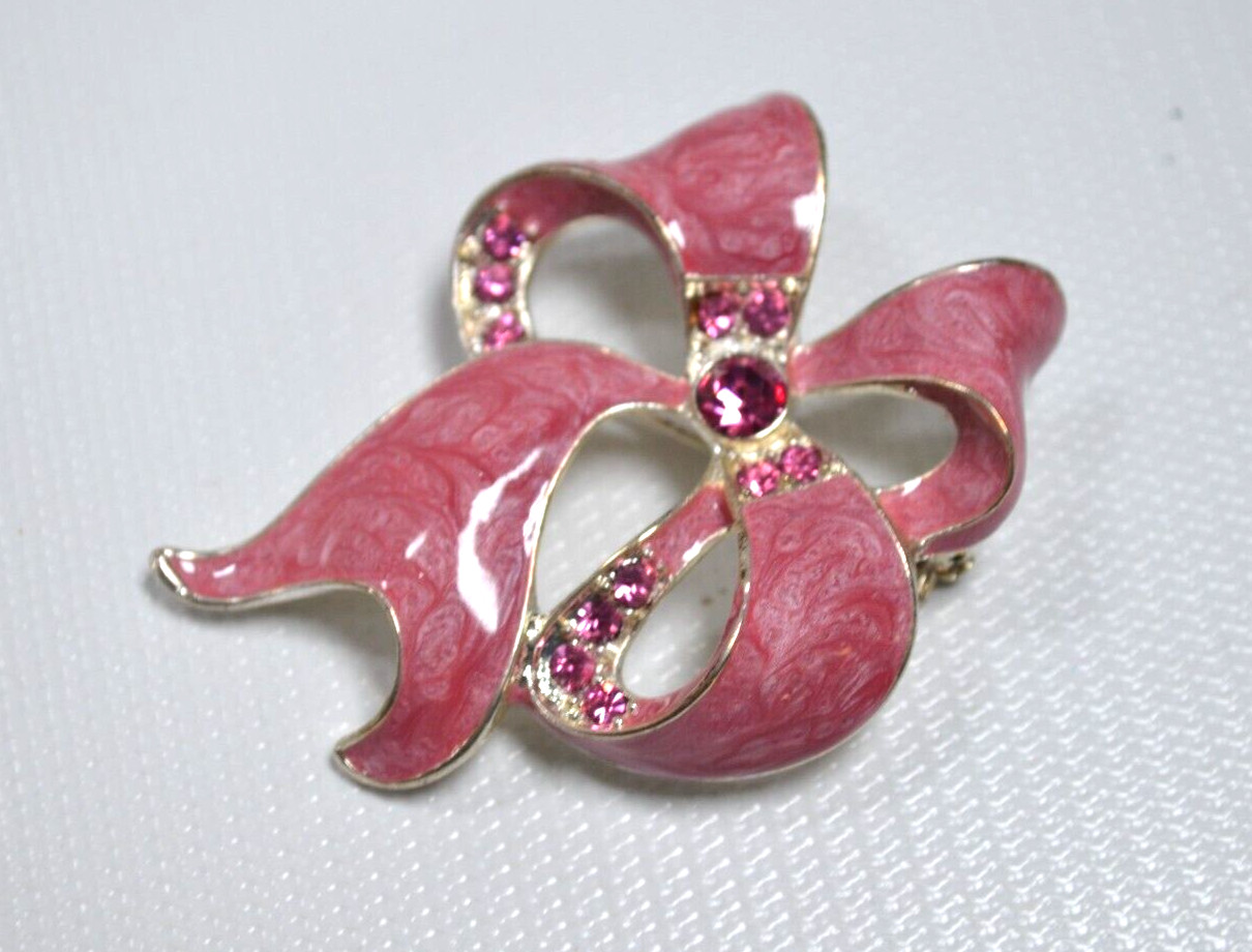 Vintage Ribbon Bow Pink Swirl Enamel Coated Brooch Pink Rhinestones