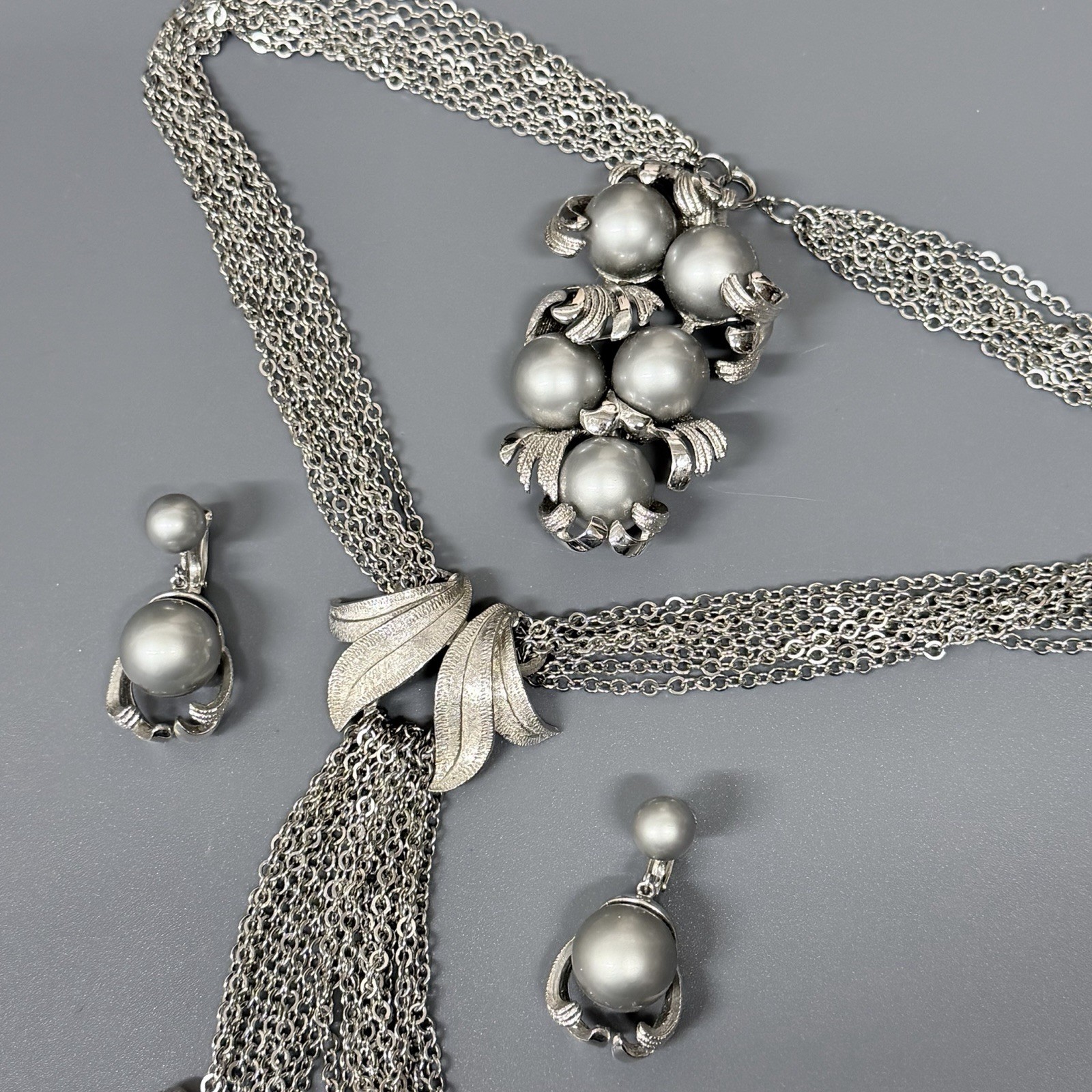 Vintage Tassel Necklace Multi Chain Gray Faux Pearl Clip Earrings Brooch Set