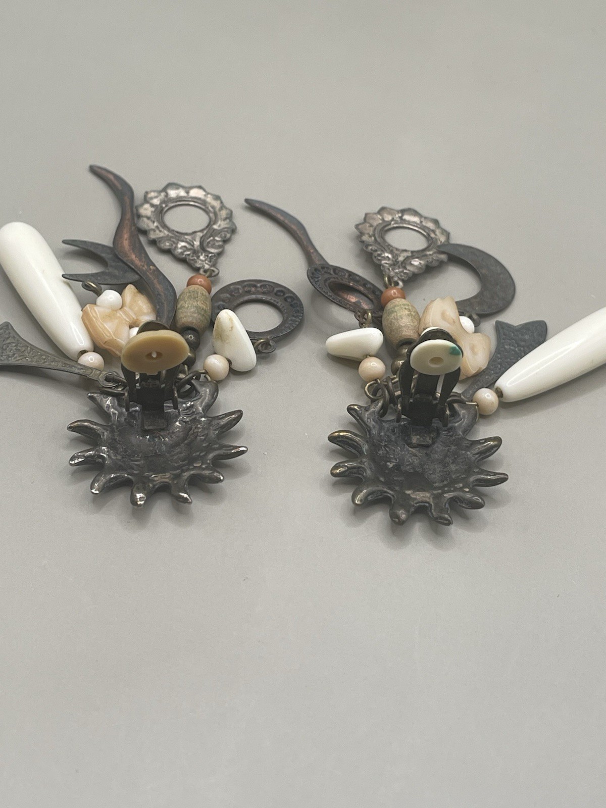 Vintage Sun & Moon Bohemian Celestial Bronze Tone Beaded Dangle Clip-On Earrings