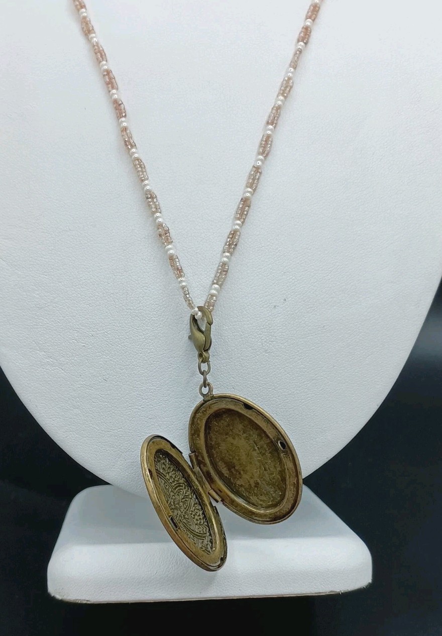 Vintage Coldwater Creek Celtic Cross Locket Necklace Seed Bead Faux Pearl