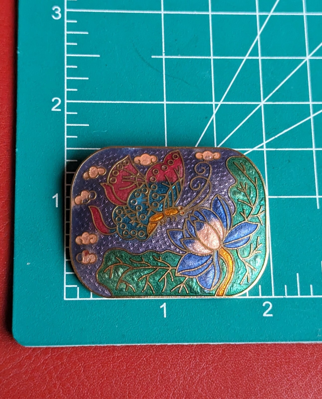 Vintage 2″ Blue Green Red Butterfly Flower Cloisonne Enamel Gold Tone Brooch Pin