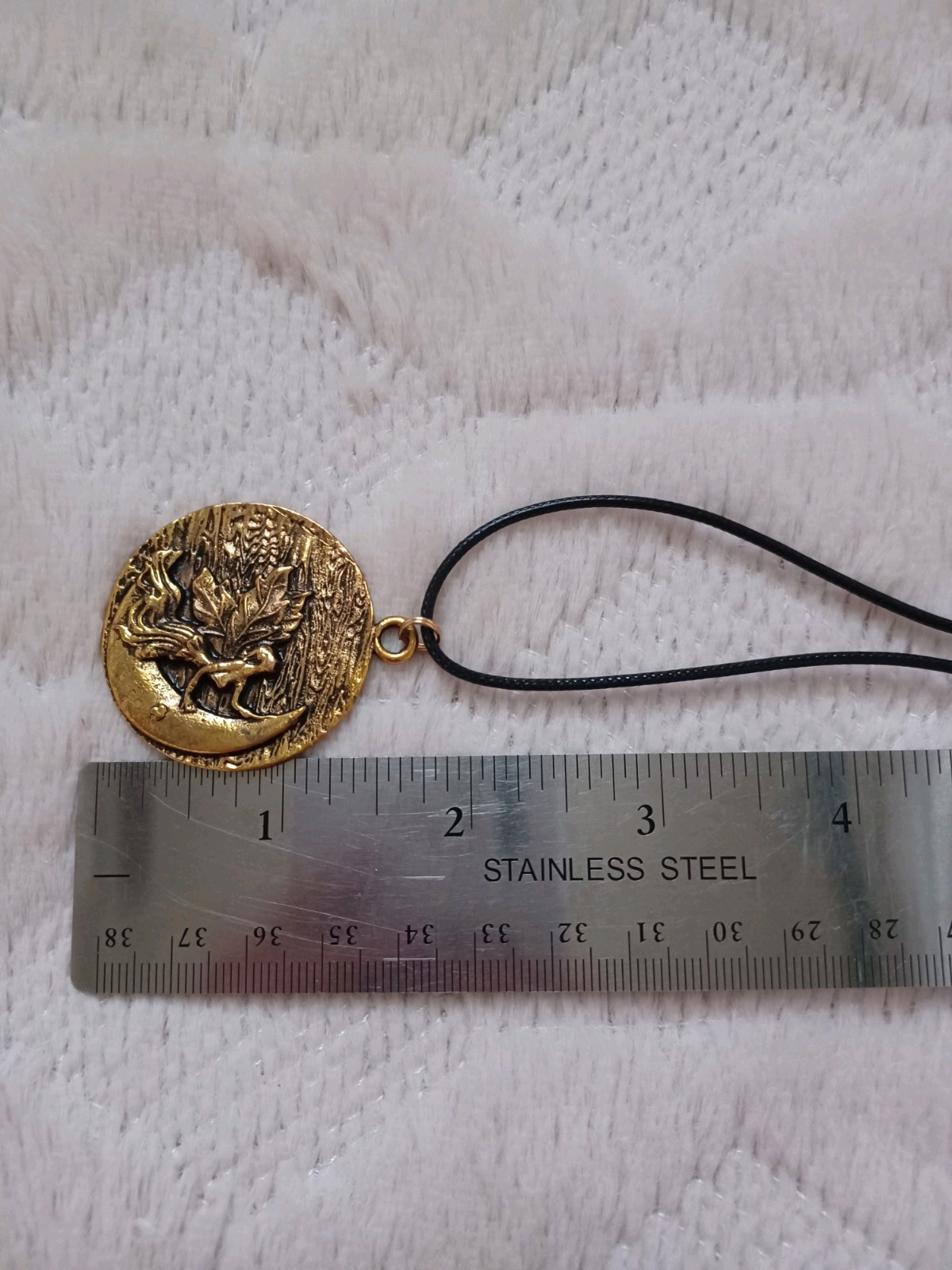 Vintage Gold Tone Moon Fairy Large Pendant On Cord Necklace 90s Y2k 2000s Style