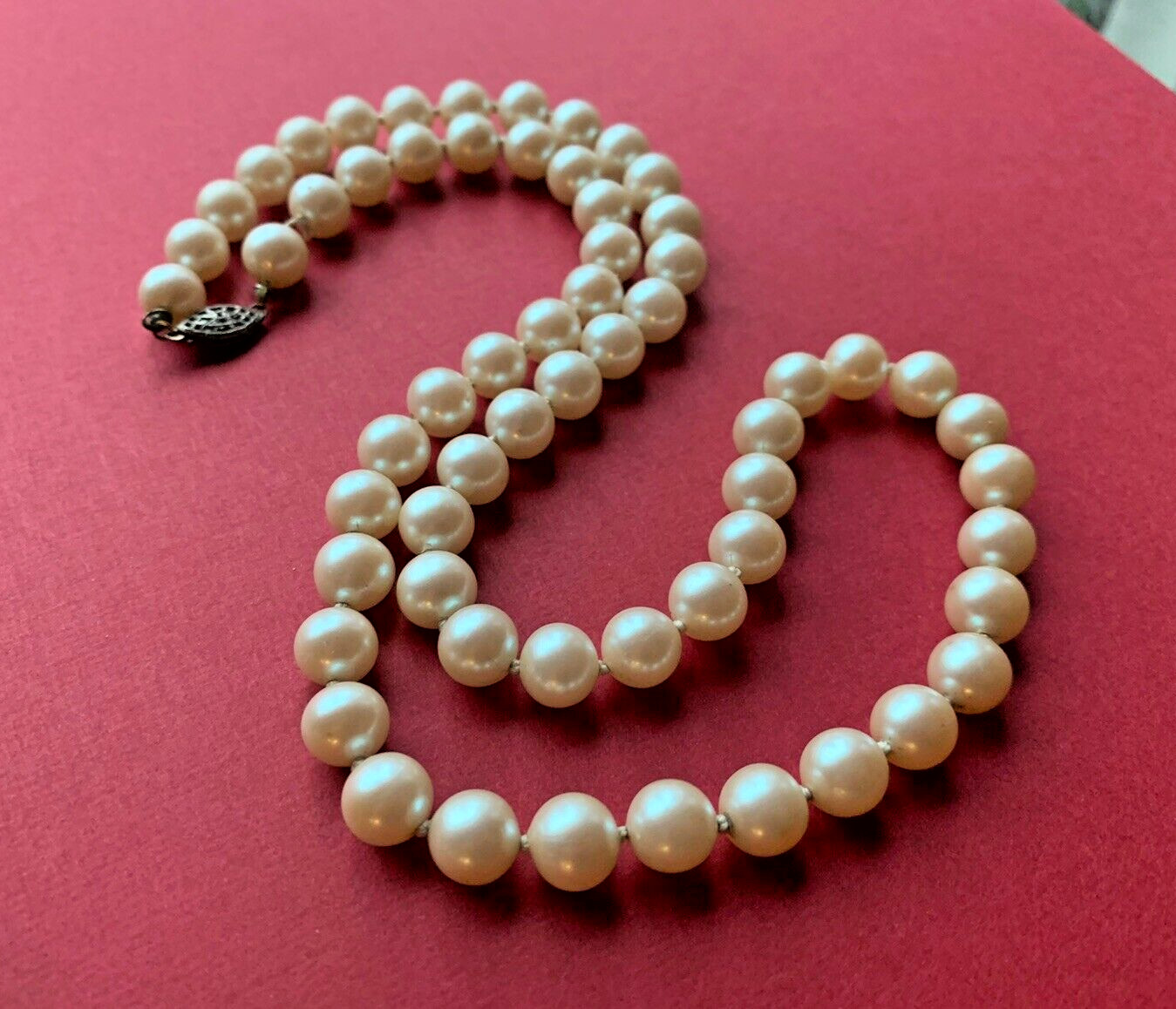 Vintage Glass Pearl Sterling Silver Fish Hook Clasp Knotted 24″ Long Necklace