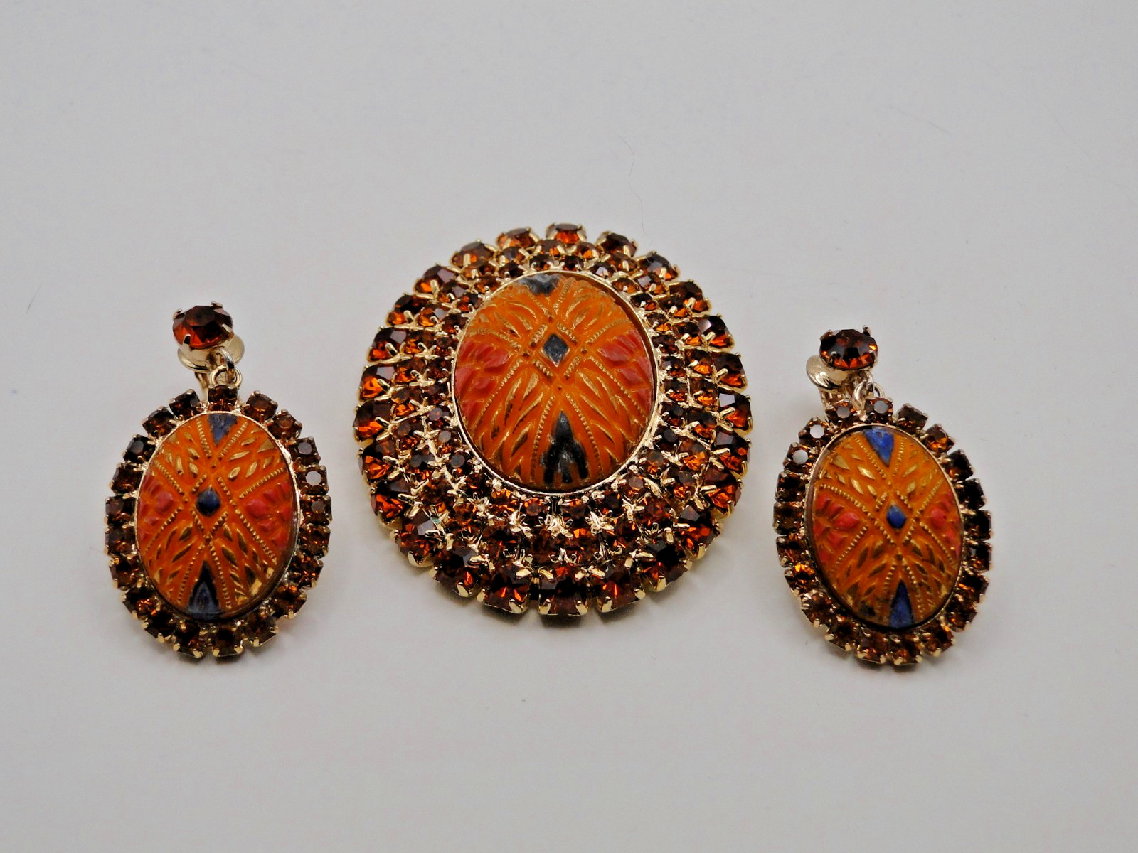 Vintage Moroccan Orange Molded Glass & Rhinestone Set in Gold Plate Jewelry Set