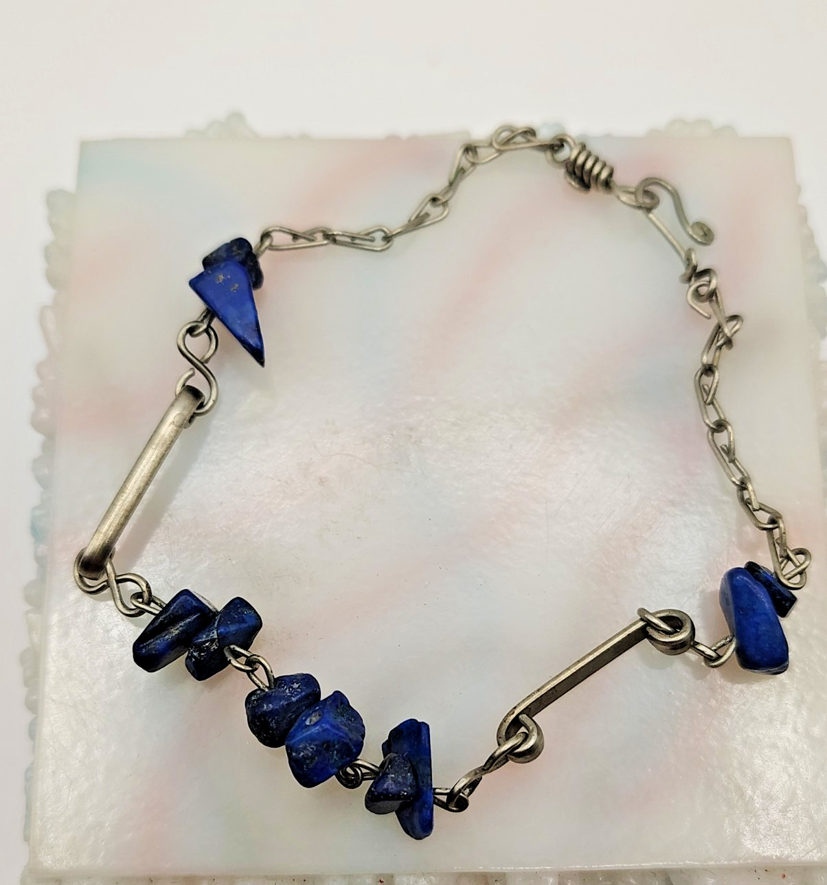 Vintage Iolite Lapis Lazuli Gemstone Beads Artisan Chain Bracelet Hook Clasp 8″