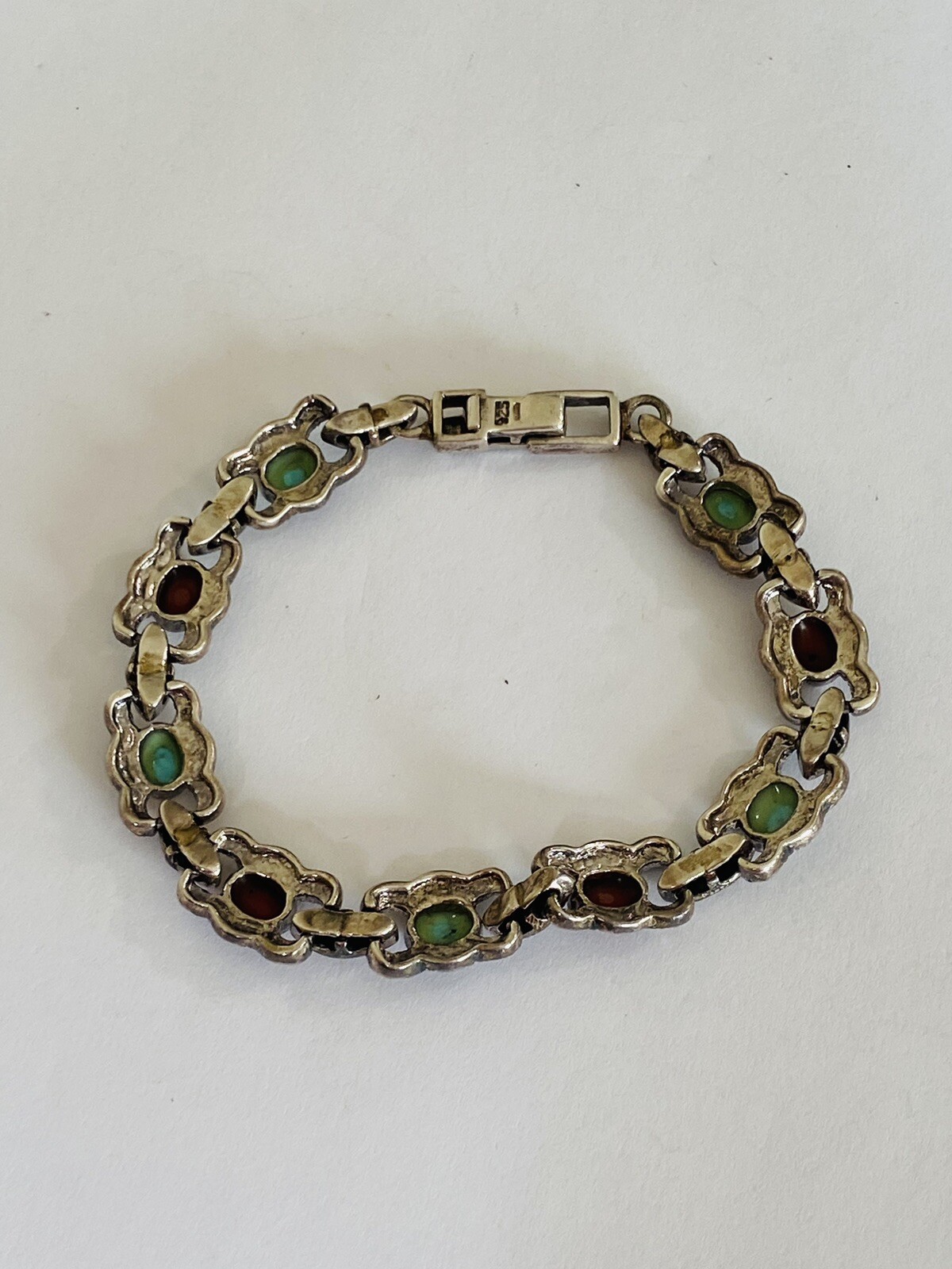 Vintage Sign Sterling Silver Multi Stone Turquoise Coral Marcasite Link Bracelet