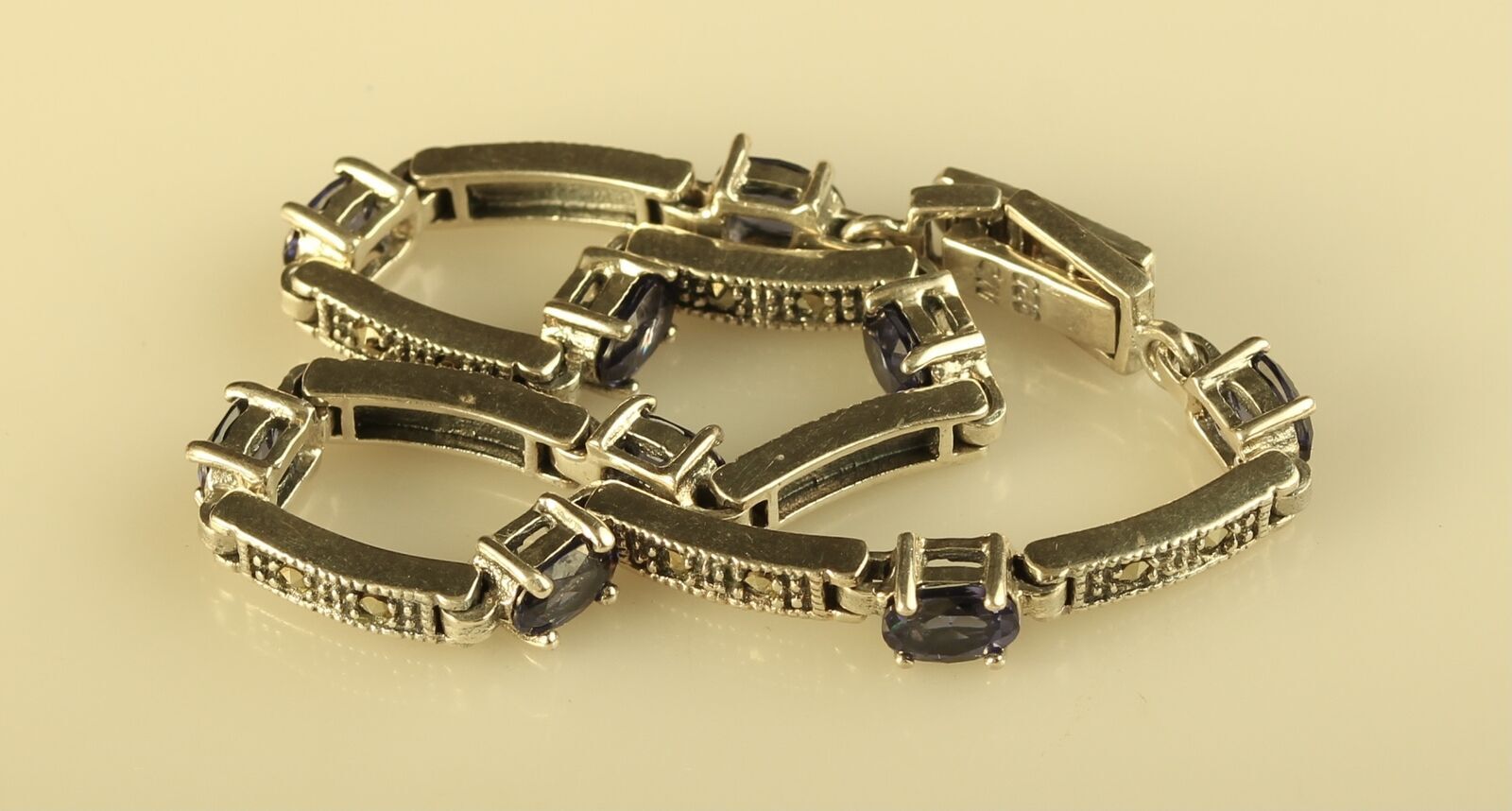 Vintage Sterling 925 CW Charles Winston Amethyst & Marcasite Panel Link Bracelet