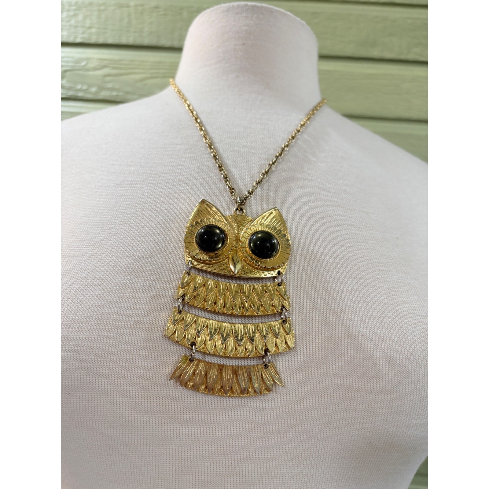 Vintage Articulated Owl Pendant Necklace Gold Tone Green Glass Eyes
