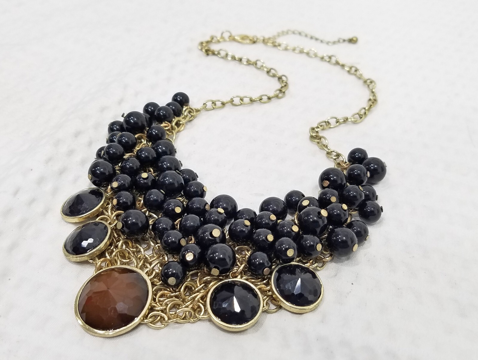 Vintage Gold Tone Maille Mesh With Black Brown Bead Cluster Bib Choker Necklace