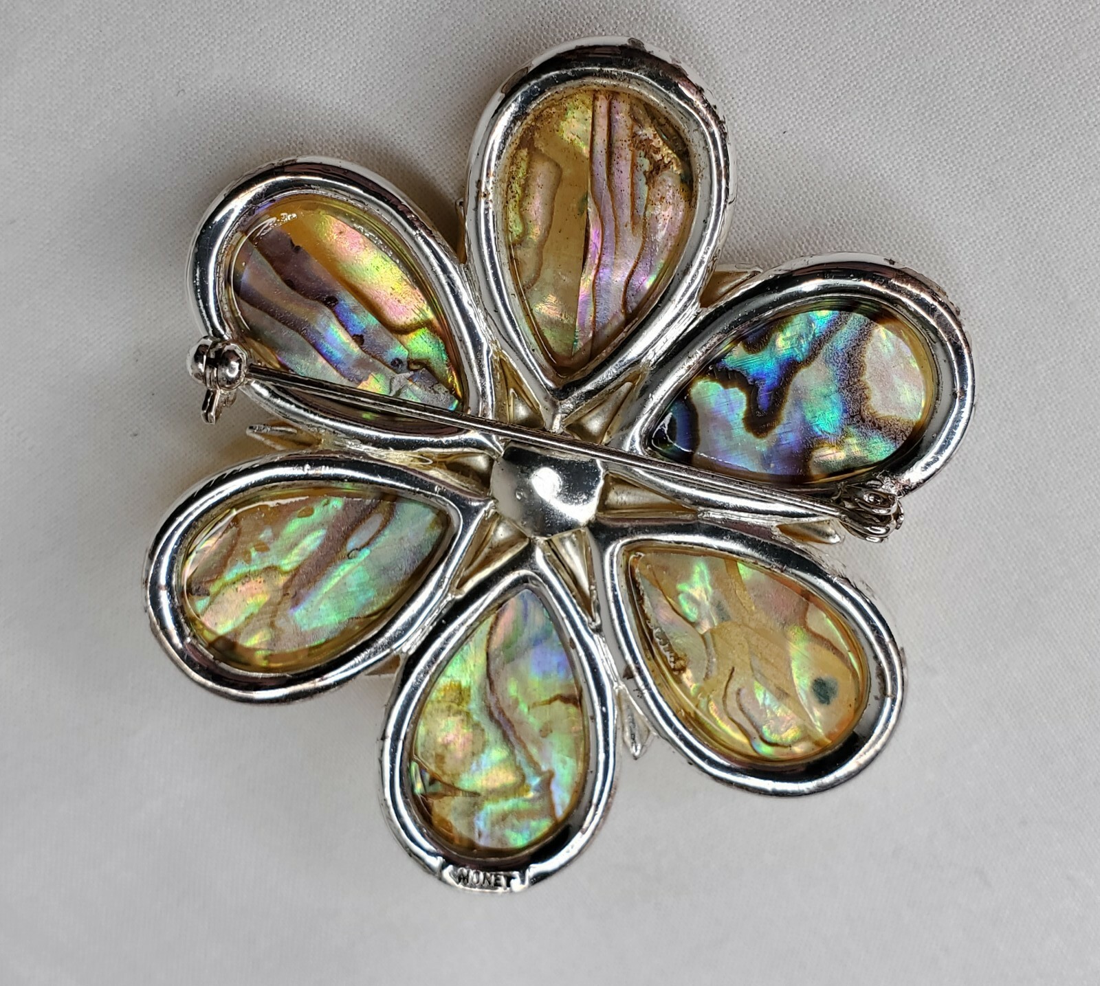 Vintage Monet Flower Brooch Yellow Acrylic Turquoise Faceted Stone Silver Tone