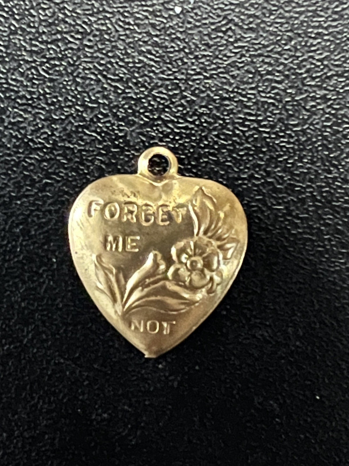 Heart Charm Pendant Necklace Vintage Brass Metal Stamping Forget Me Not .75”
