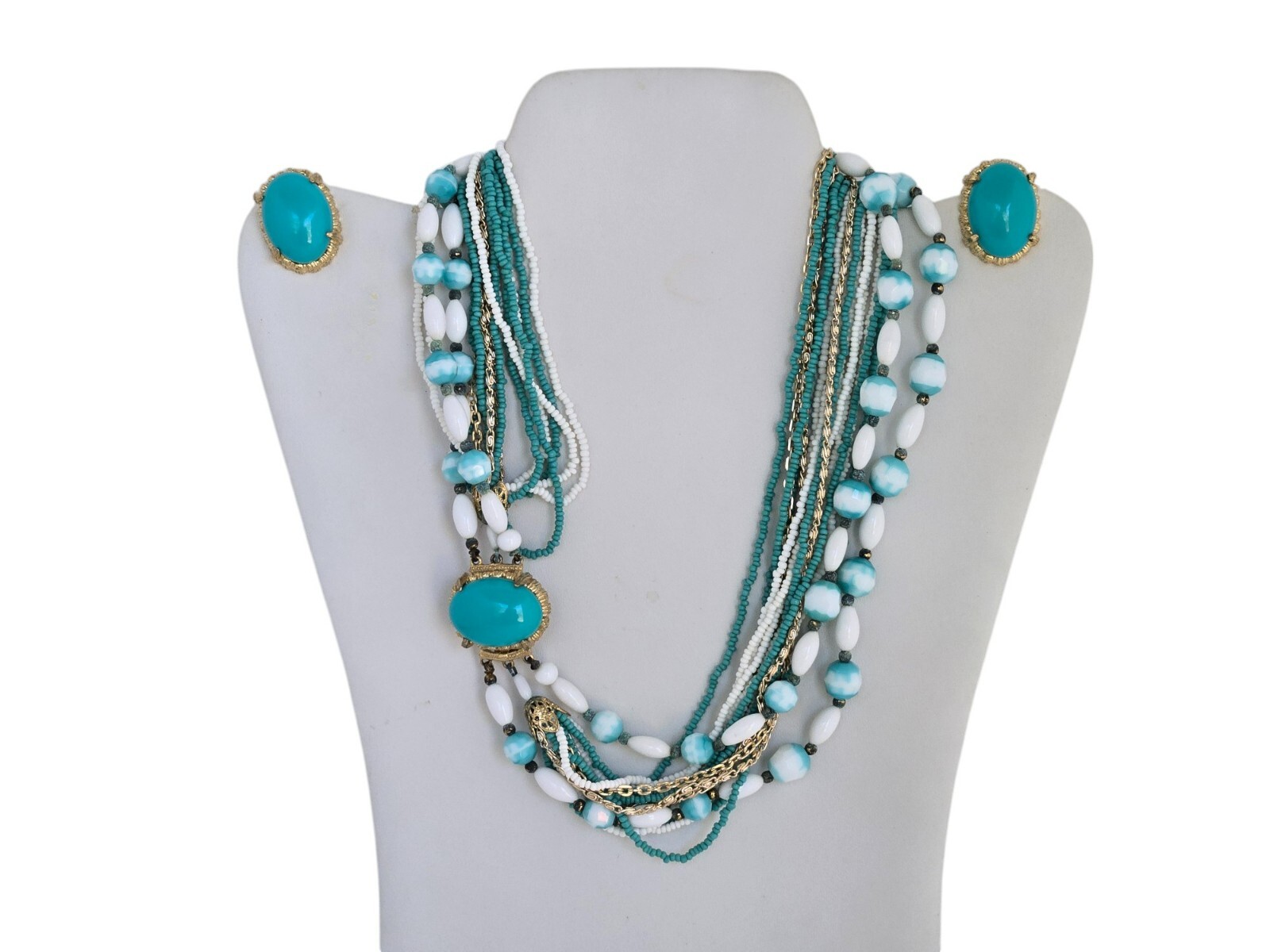 Vintage Turquoise and White Bead Necklace and Clip Earrings Set