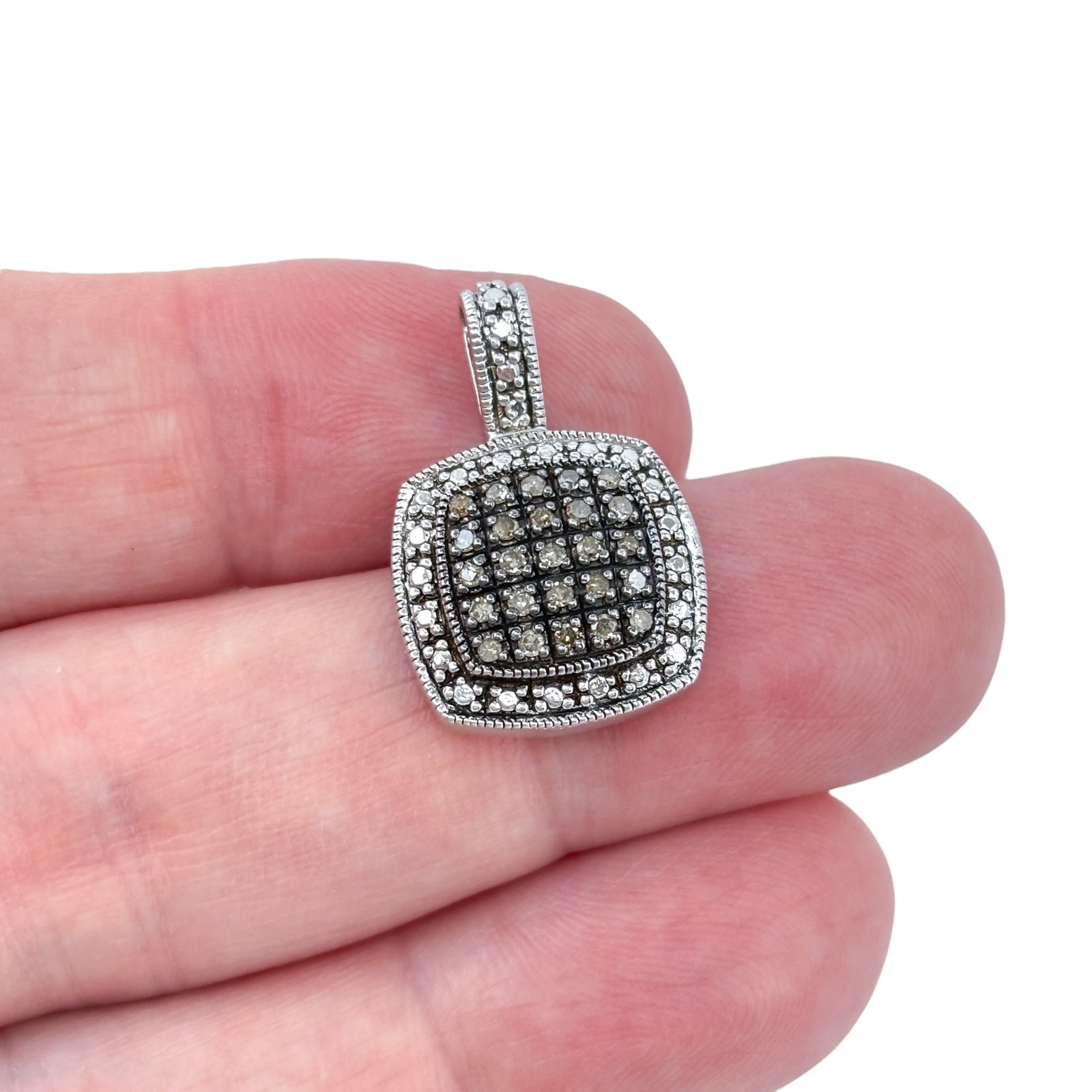Sterling Silver 925 White Black Diamond Cushion Pendant