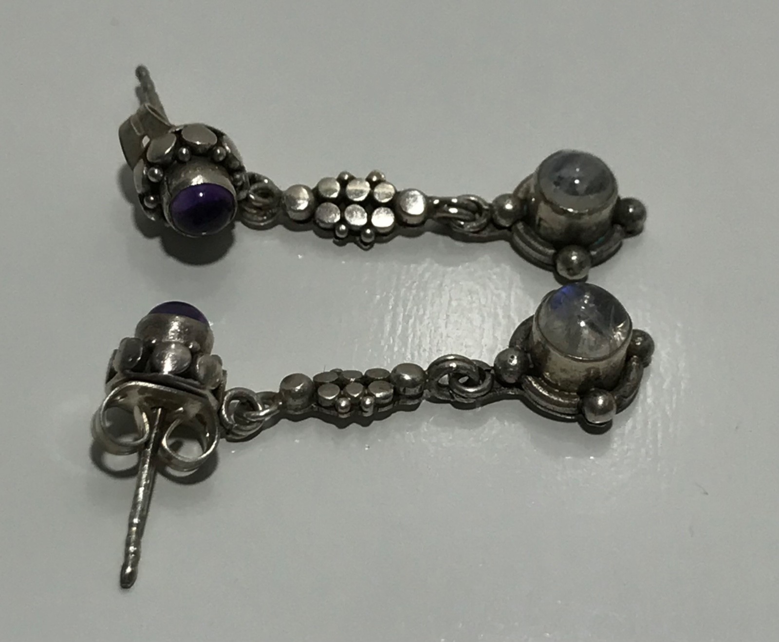 Vtg Sterling Silver 925 Amethyst & Labradorite Post Dangle Drop Earrings