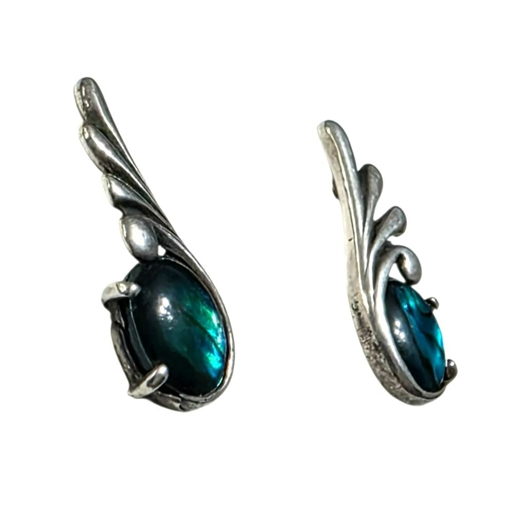 Vintage Kabana Sterling Silver Earrings Blue Abalone Shell Wing Curl Leaf 925