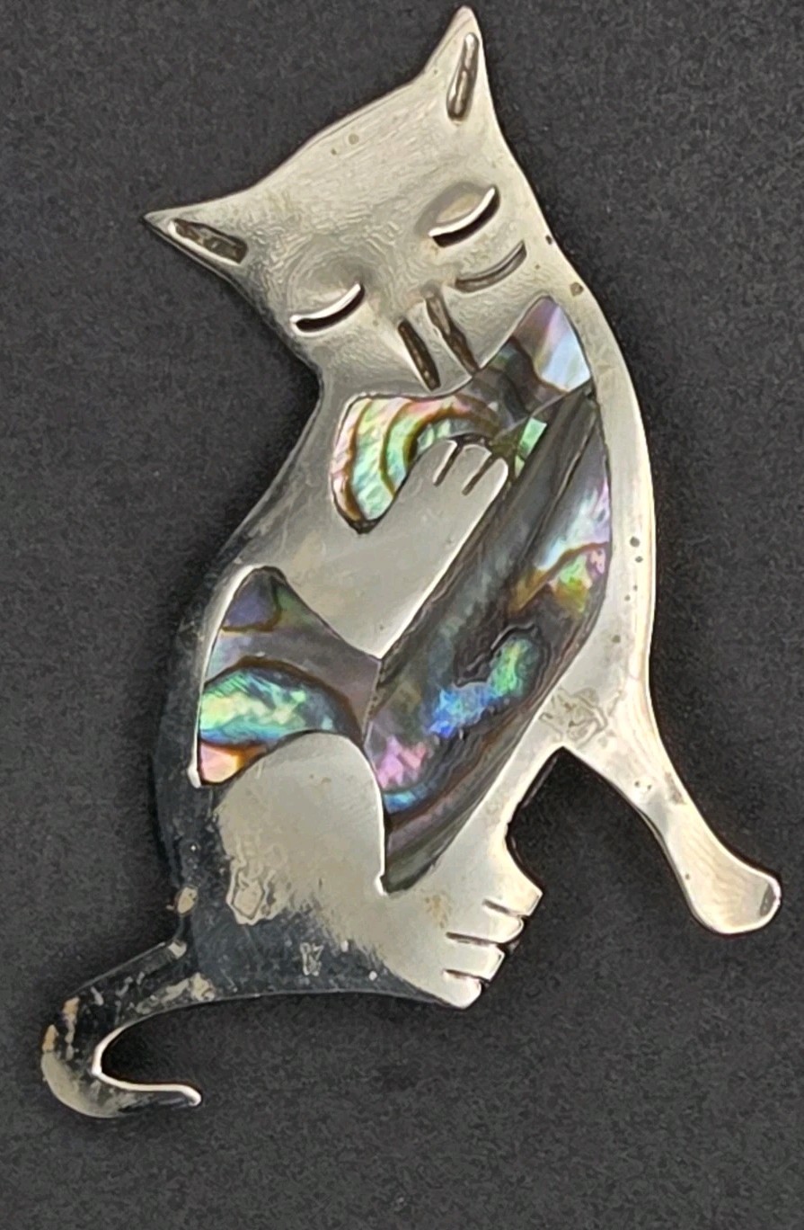 Vintage Alpaca Silver Abalone Inlay Cat Pin Marked Mexico Alpaca
