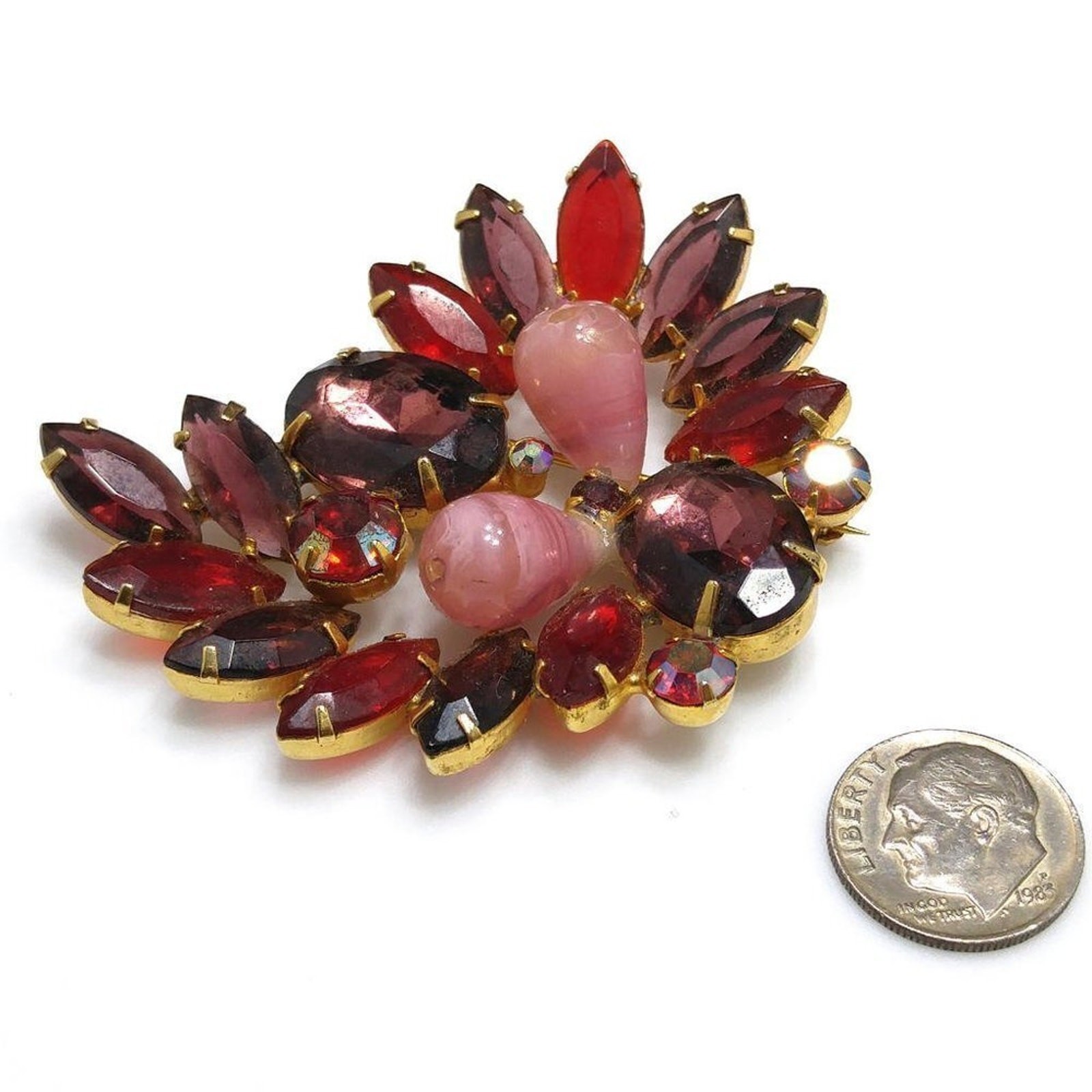 Vintage Purple Red Glass Rhinestone Brooch, Pink Lucite Beads, 2 1/4 Inches