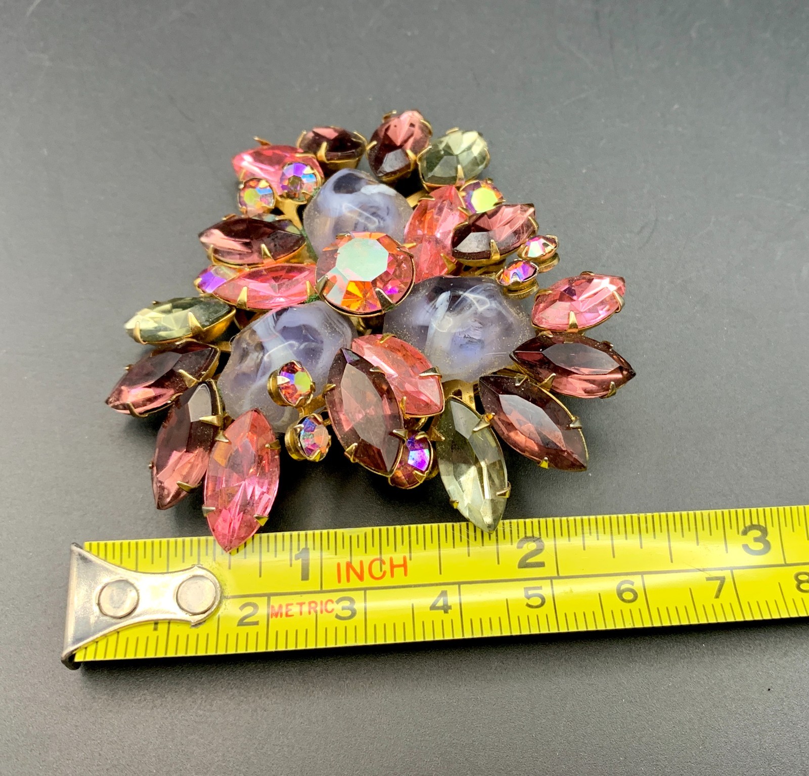Vintage Beau Jewels Brooch Pink Purple AB Rhinestone Gripoix Glass Unsigned