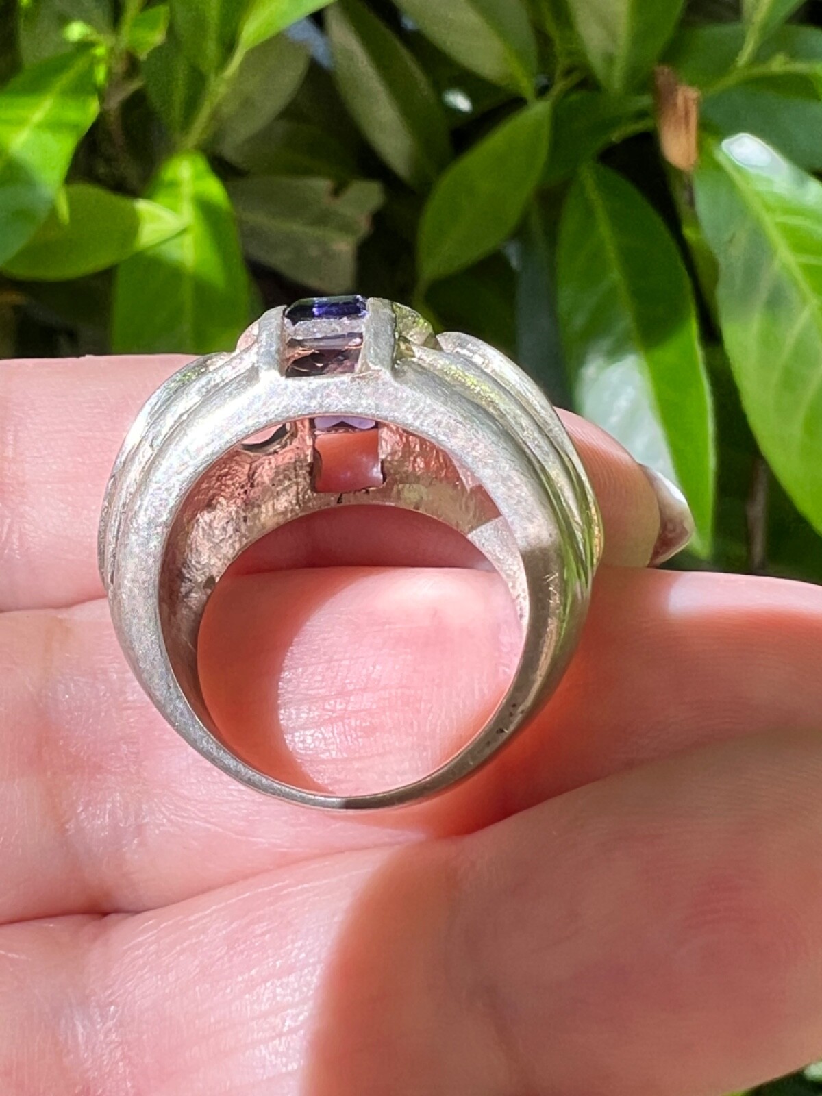VINTAGE TANZANITE & IOLITE WIDE BAND RING 925 STERLING SLVER UNIQUE HEAVY CHUNKY