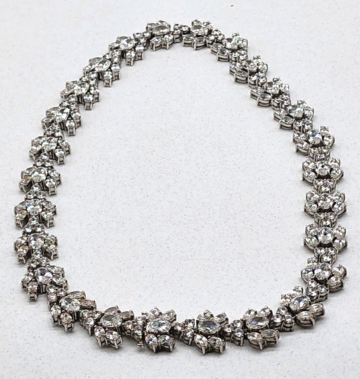 VTG Art Deco Silver prong Rhinestone Floral Cluster Collar Designer Necklace