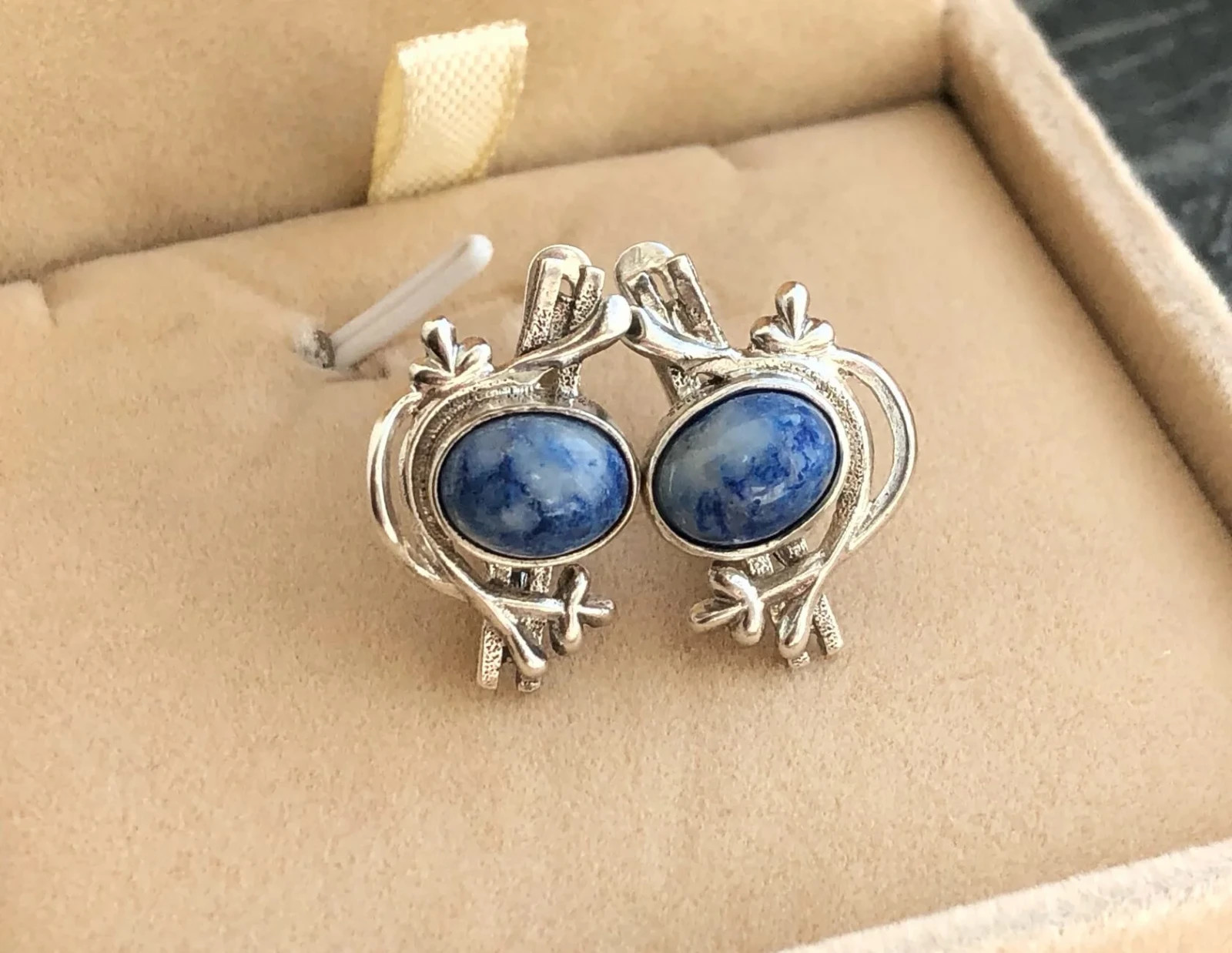 Estate Vintage Soviet Earrings Sterling Silver 925 Lapis Lazuli Jewelry USSR