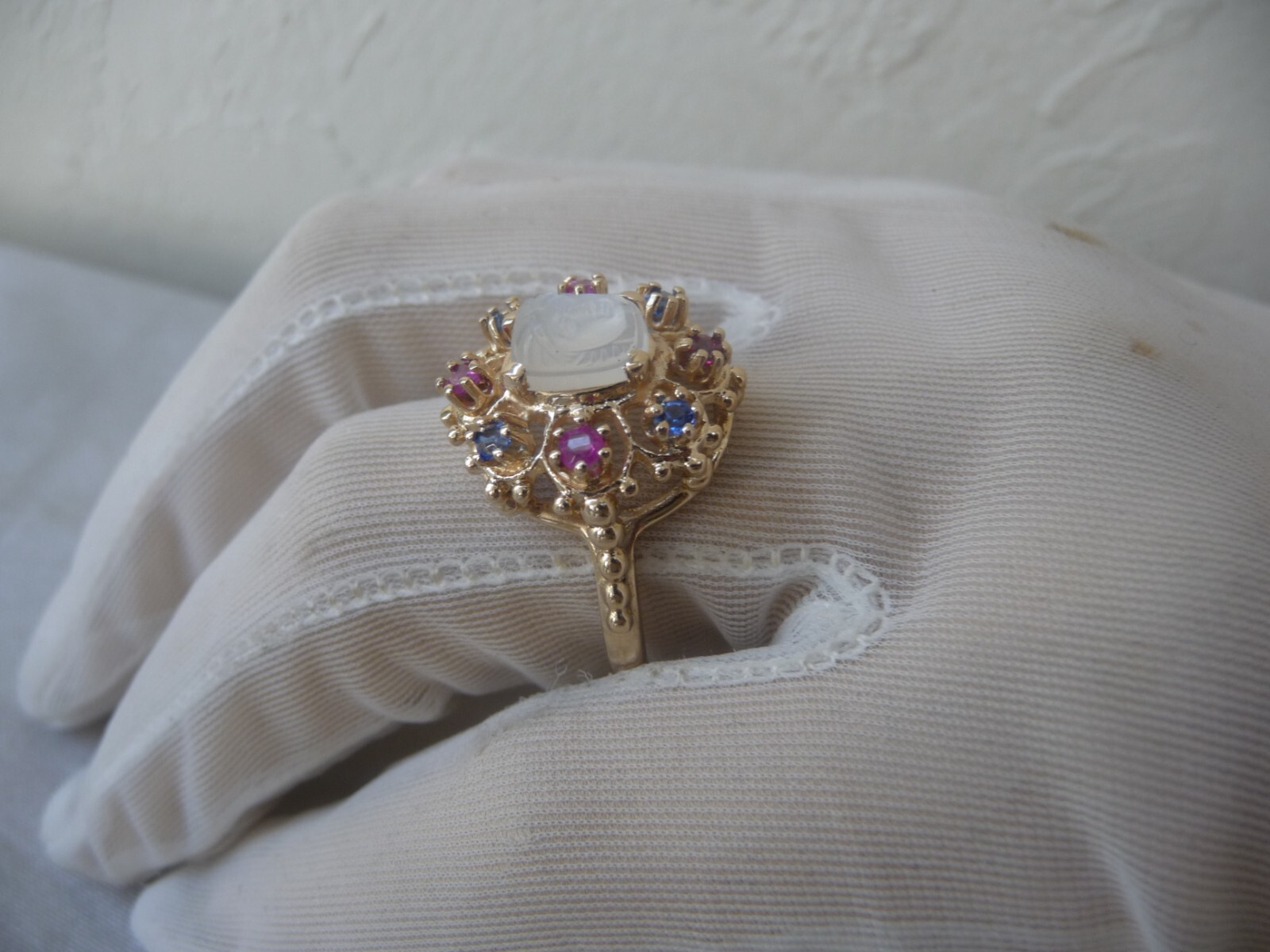 AMAZING RARE VINTAGE 14K ETRUSCAN MEDUSA MOONSTONE RUBY SAPPHIRE HALO RING!