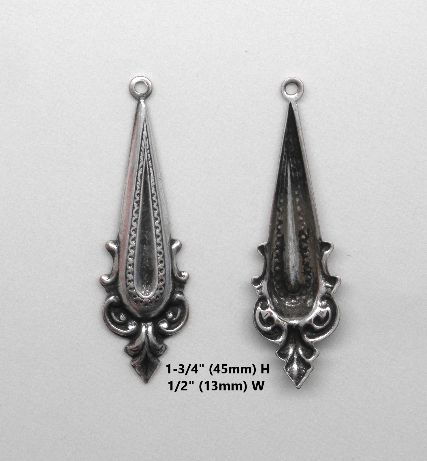 #0505 ANTIQUED .925 STERLING SILVER PLATED TEARDROP ER W/HANG RING- 4 Pcs