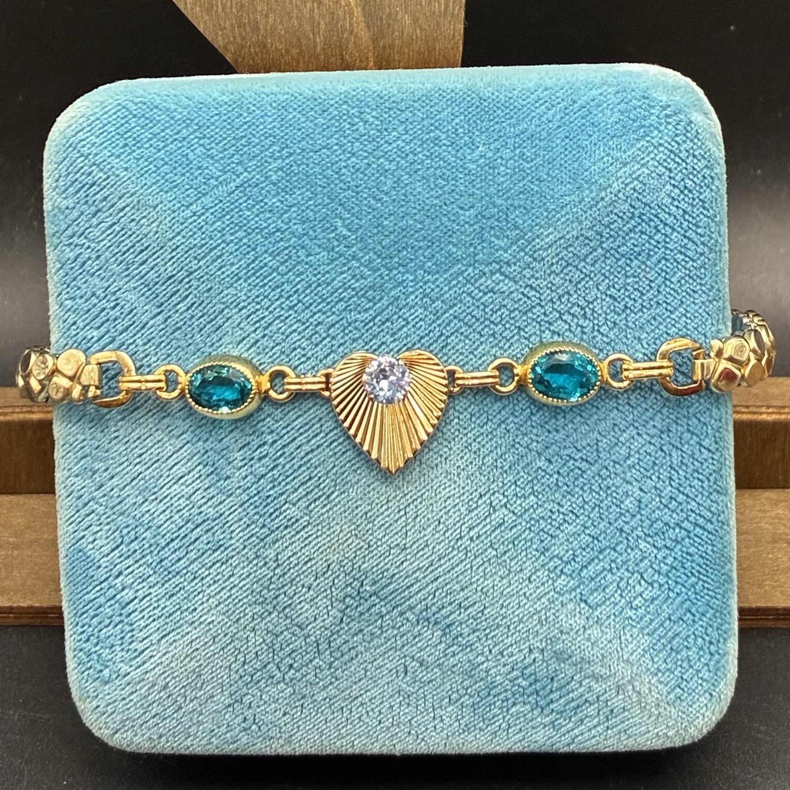 Custom Vintage Yellow Gold Filled Expansion Bracelet,Blue Glass Gems, Watch Band