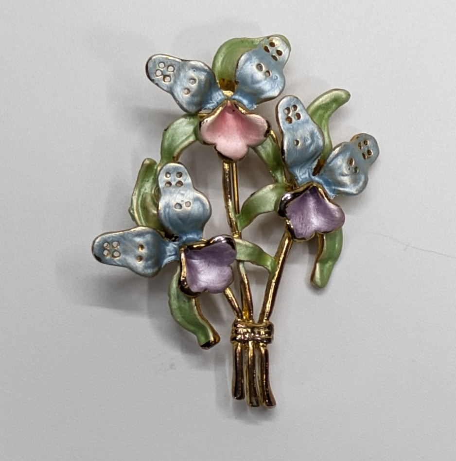 VTG Pink Purple Blue Enamel Orchid Flower Gold Tone Bouquet Brooch Pin 2.25″