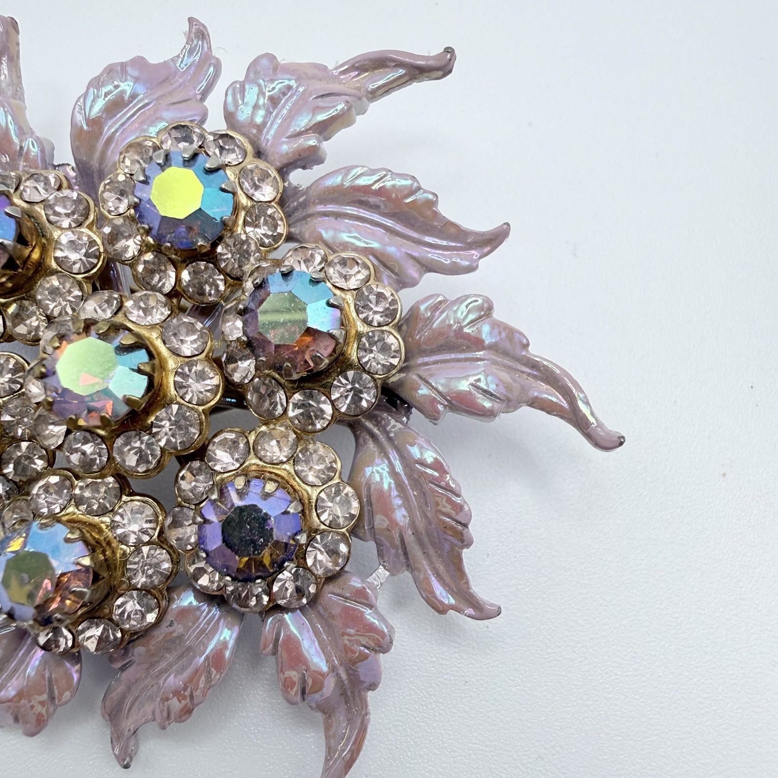 Selini Pearlescent Pink Rhinestone Pin Brooch Aurora Borealis Crystal Vintage